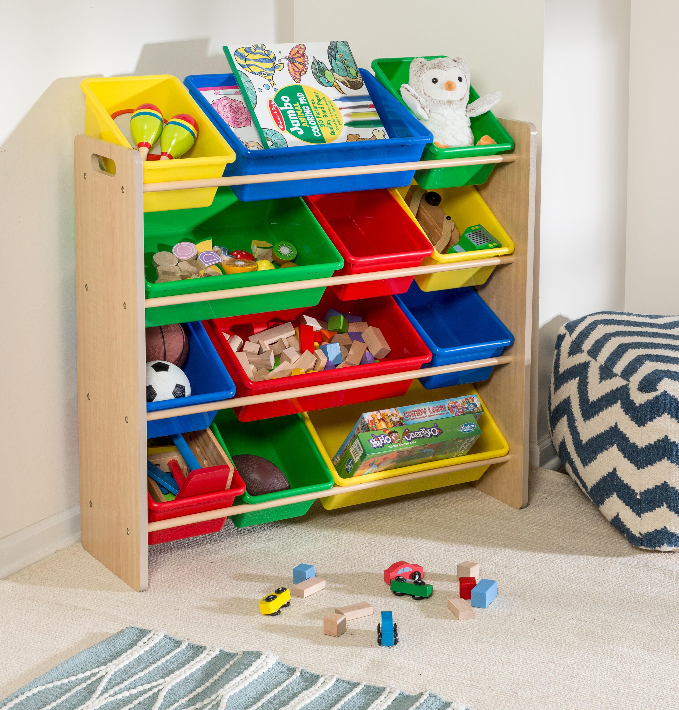 Honey-Can-Do  MDF Kids Toy Storage Organizer with 12 Plastic Bins, Natural/Primary Colors