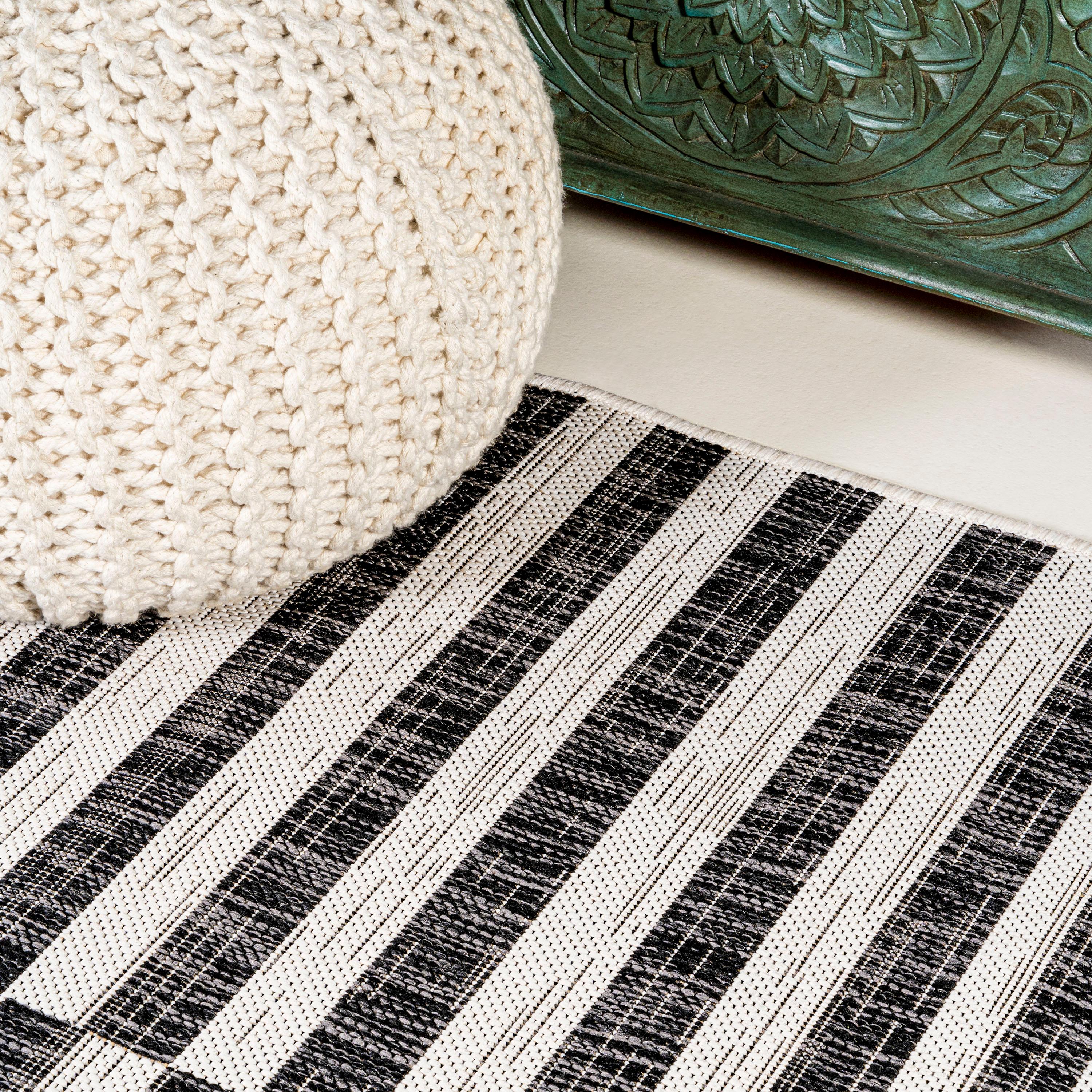 2'x10' Sukie Modern Offset Stripe Indoor/Outdoor Runner Rug, Ivory/Black - JONATHAN Y