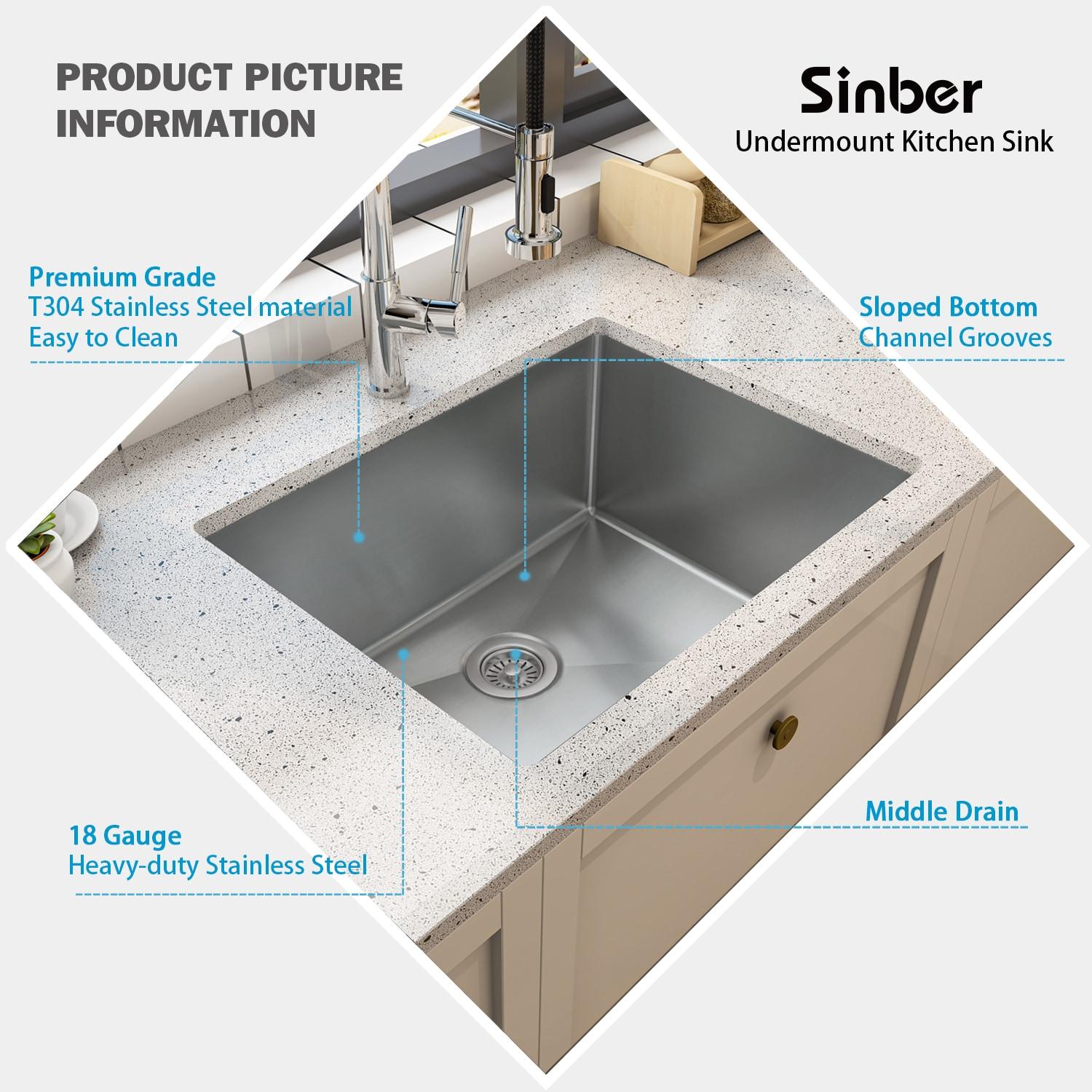 Sinber 23" x 18" Undermount Single Bowl Kitchen Sink with 18 Gauge 304 Stainless Steel Satin Finish