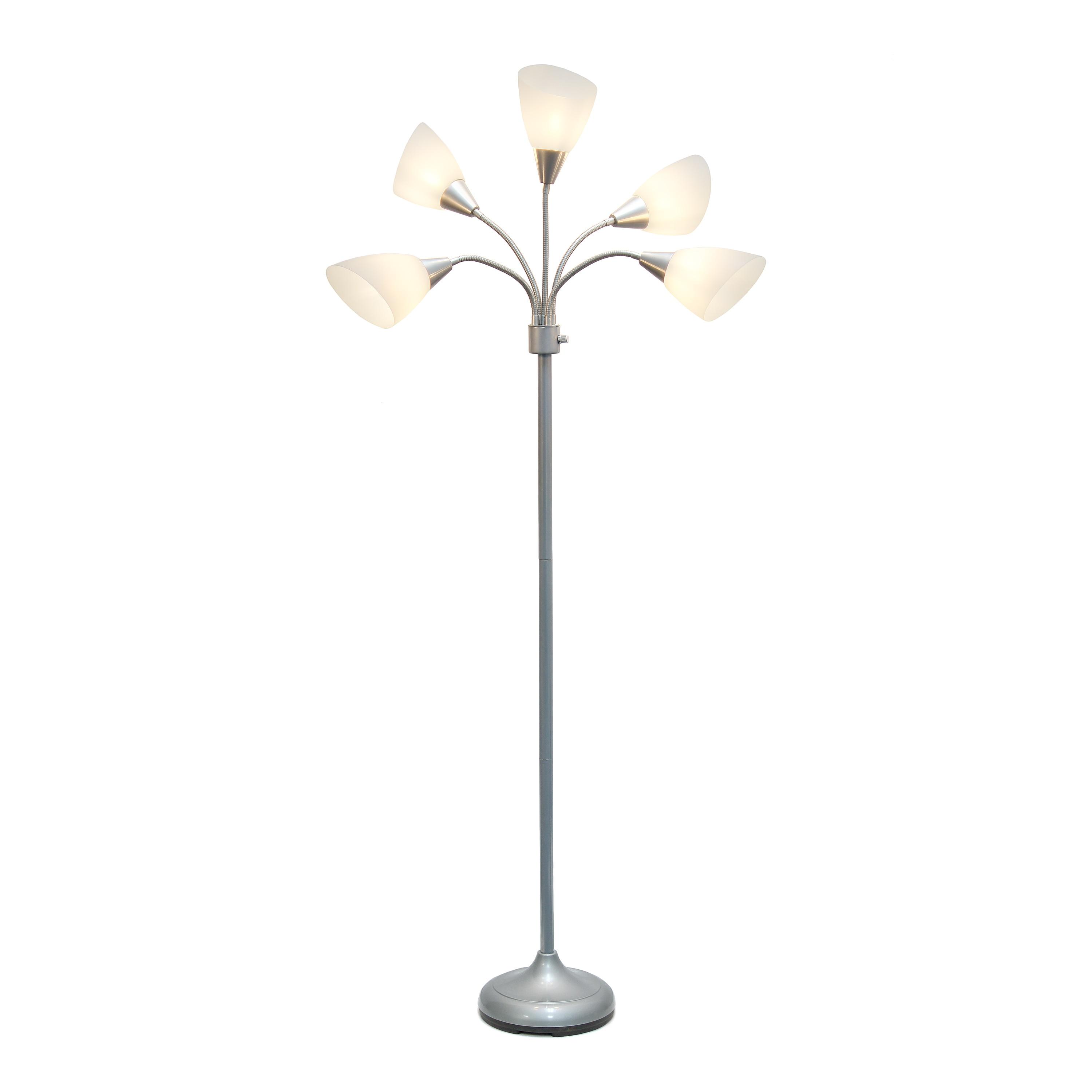 Simple Designs 67" Medusa 5-Light Adjustable Gooseneck Floor Lamp, Silver with White Shades