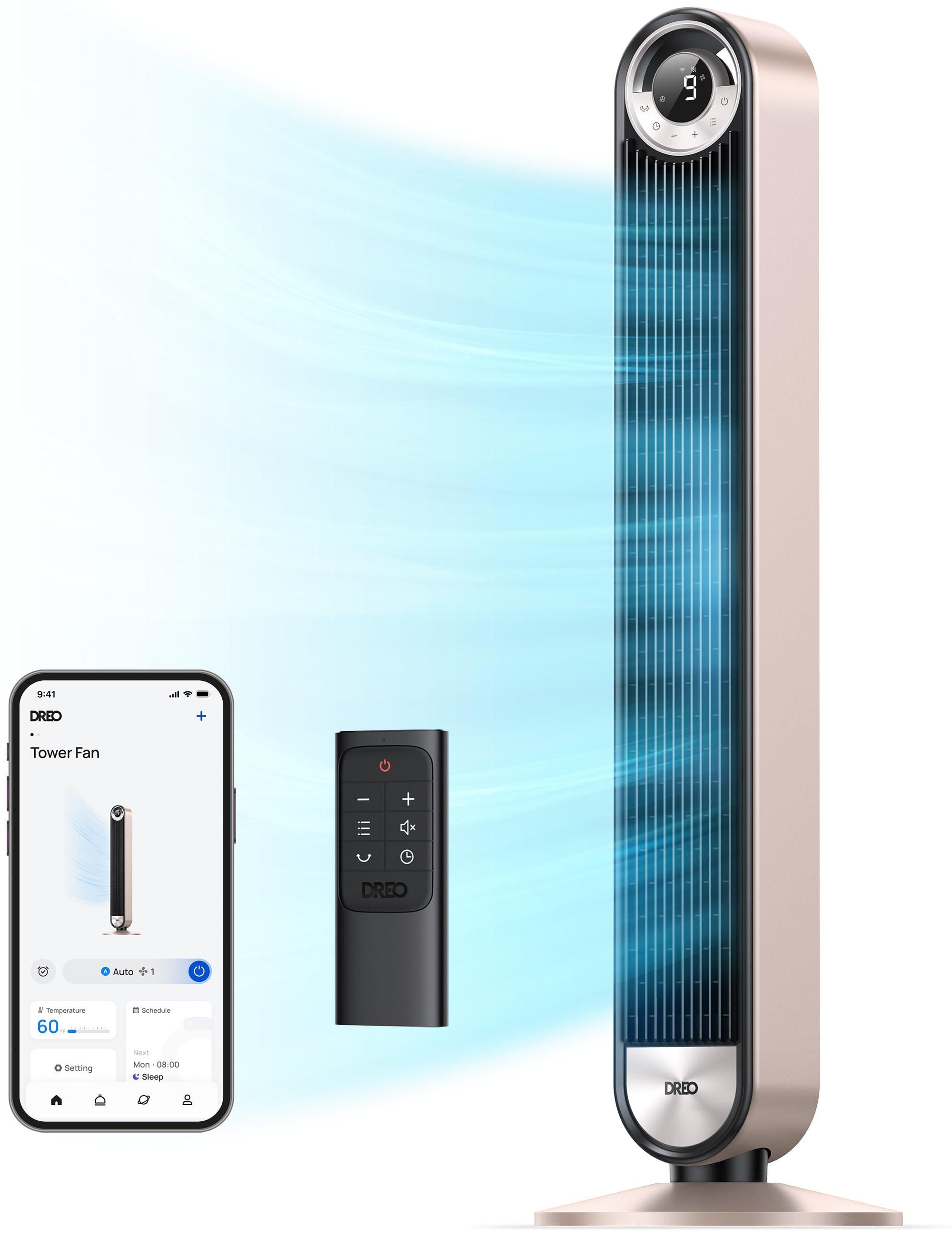 Dreo Smart Tower Fans for Home, 90° Oscillating Fan Bedroom Indoors, Voice Control Floor with 12H Timer, 42 Inch Quiet Bladeless Standing LED Display, 9 Speeds, Work Alexa/Google