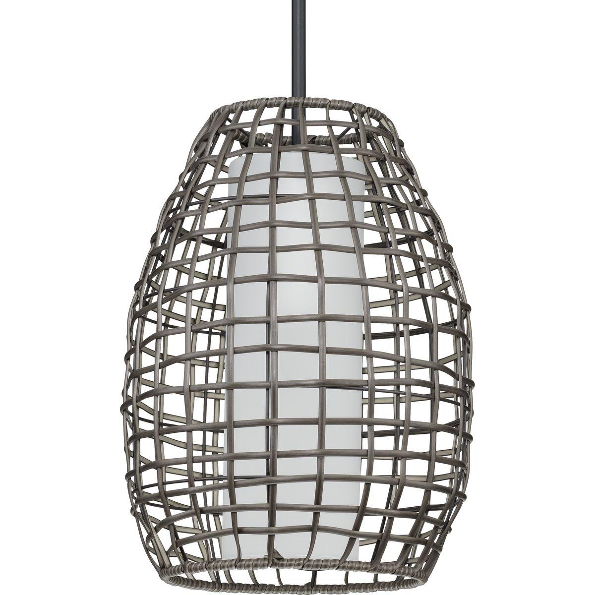 Progress Lighting Pawley 1-Light Dark Gray Rattan Coastal Outdoor Hanging Pendant Light, Matte Black, Etched Glass Shade