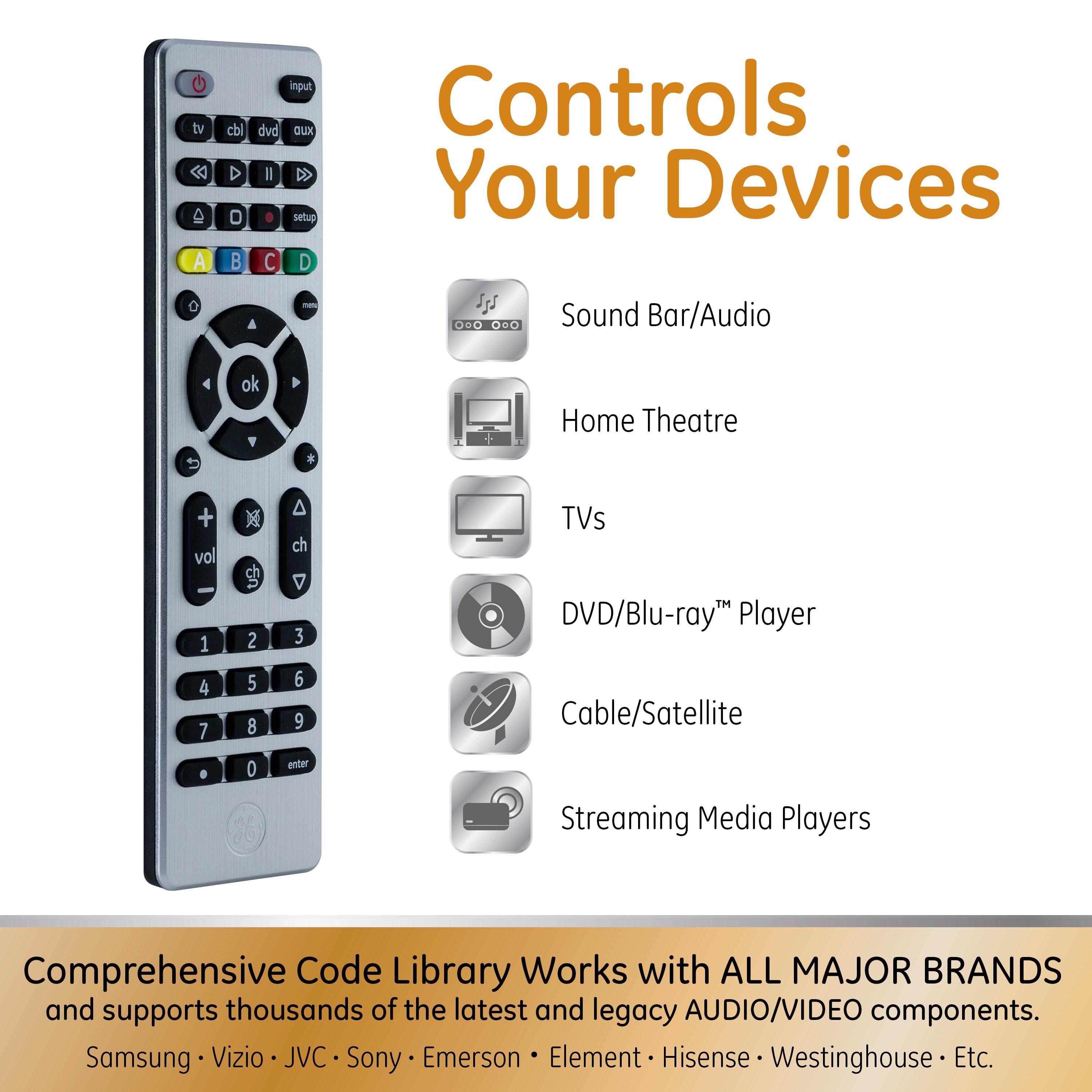 GE 4-Device Universal TV Remote Control in Brushed Silver, 33709