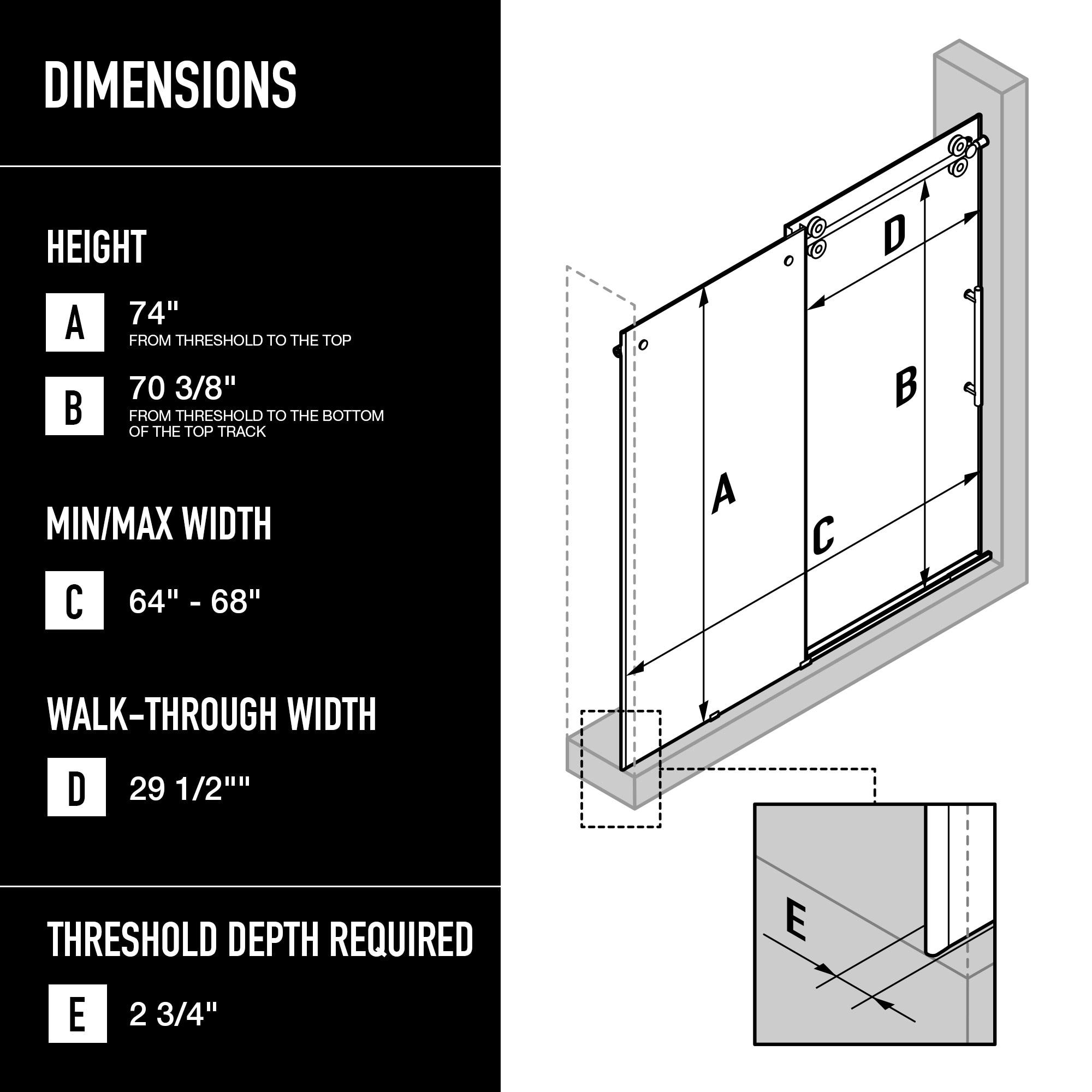 Elan 64-68" W x 74" HSliding Frameless Shower Door in Matte Black with 3/8" Clear Glass