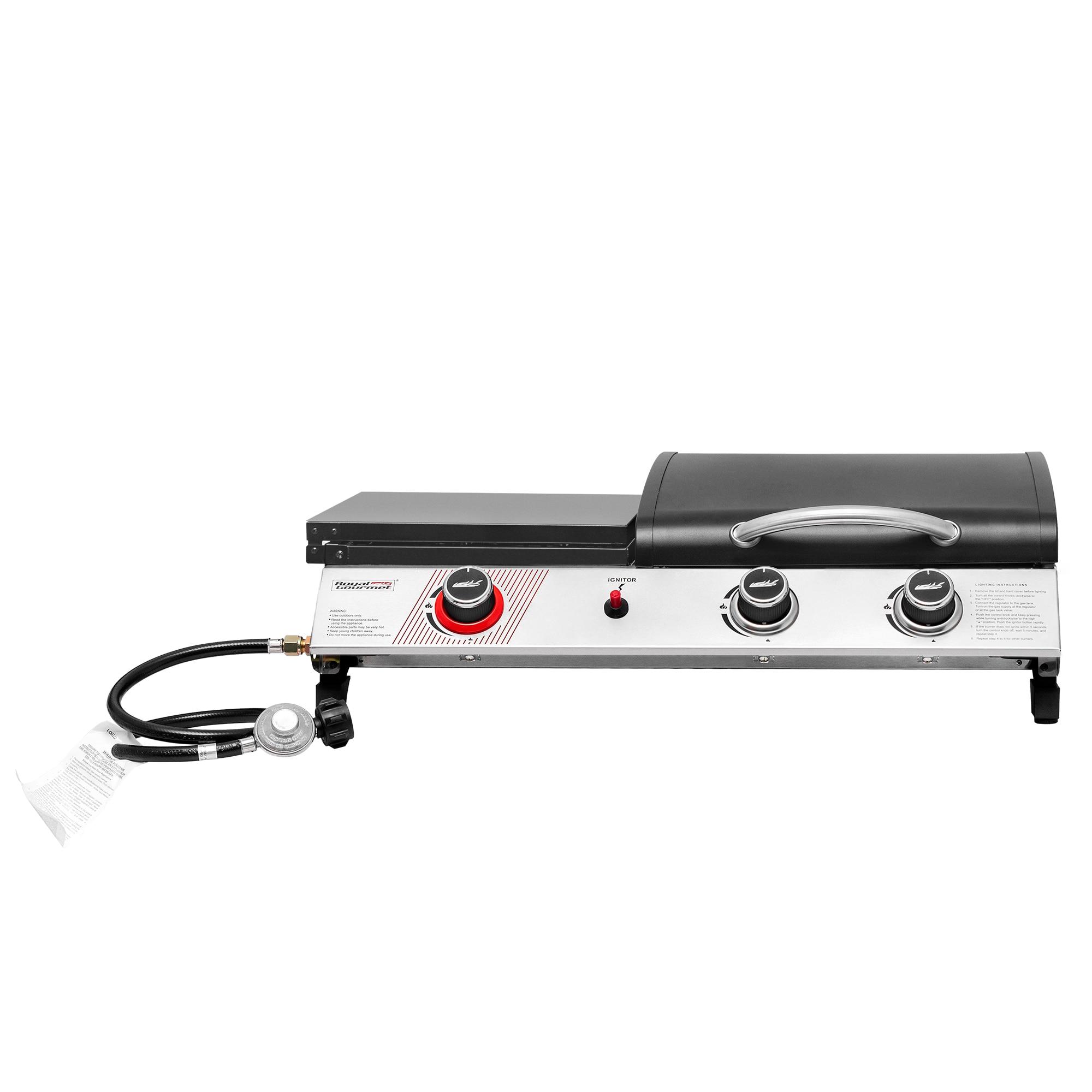 Royal Gourmet 3-Burner Portable Gas Griddle With Side Burner, 3-in-1 Grill and Griddle Combo Station With Lid for Outdoor Cooking, Silver