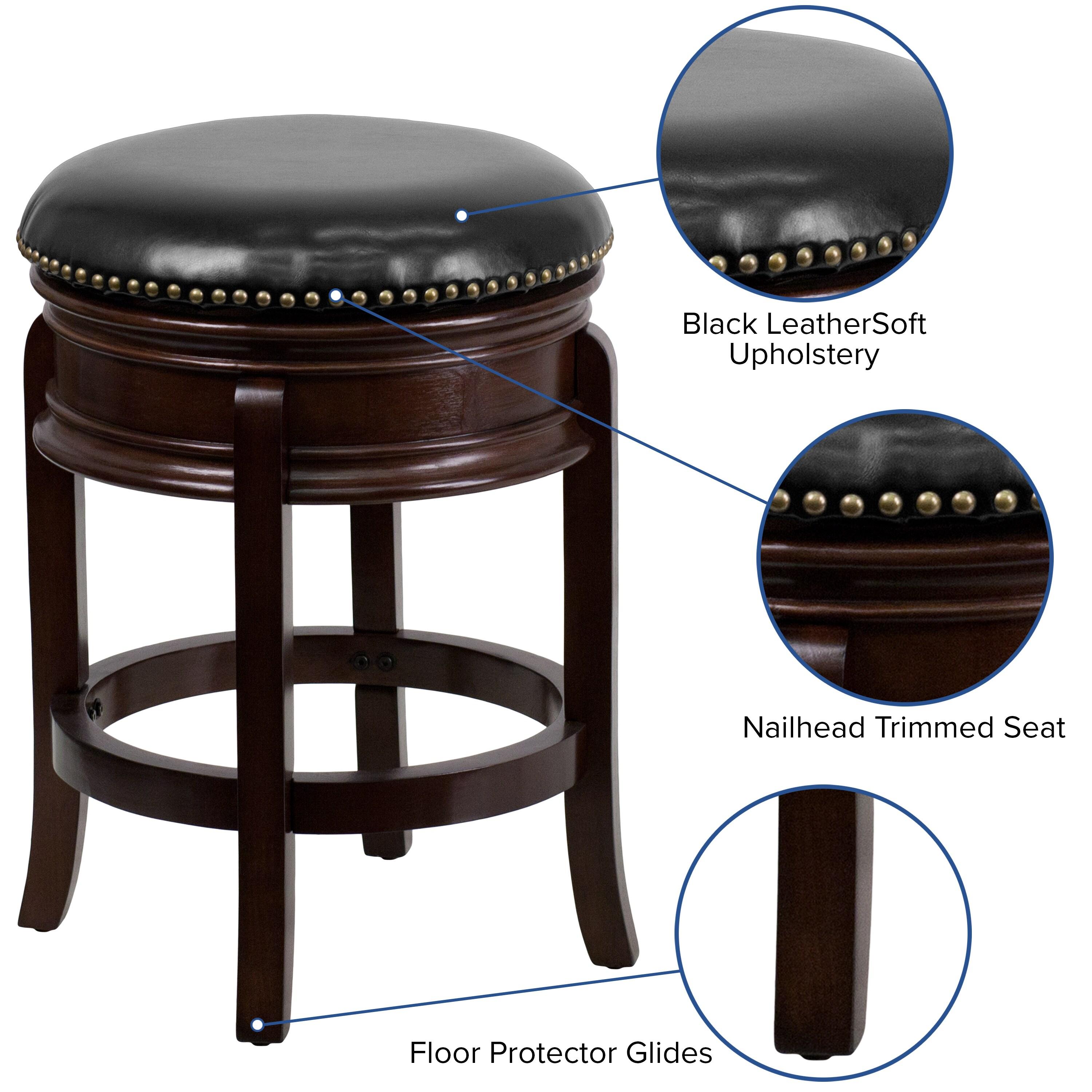 Flash Furniture 24'' High Backless Cappuccino Wood Counter Height Stool with Carved Apron and Black LeatherSoft Swivel Seat