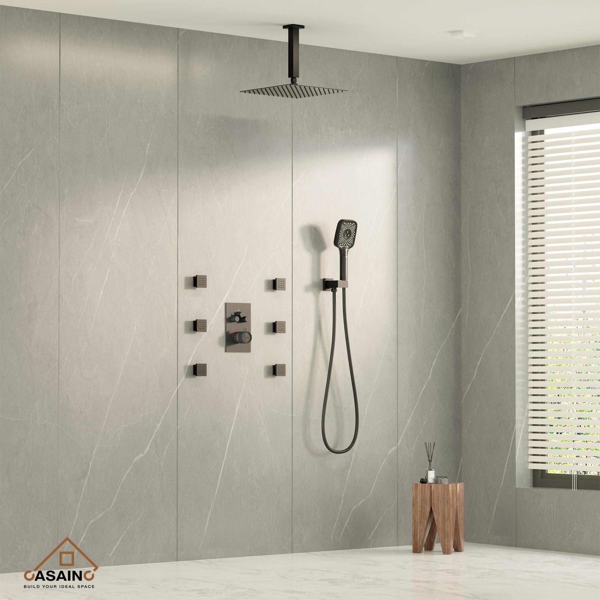 Revitalize 3-Function 12 Inch Ceiling Mount Rainfall Thermostatic Shower System with 6 Body Jets