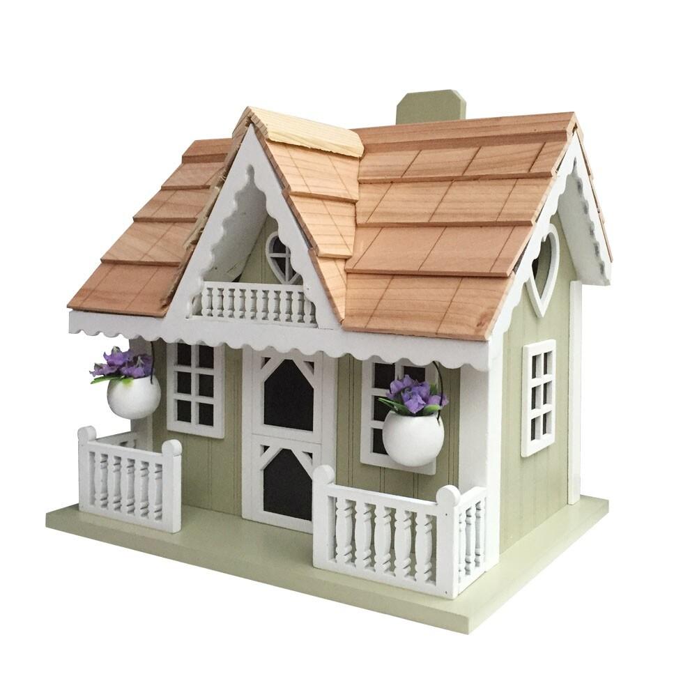 Rosemary Green and White Wooden Cottage Birdhouse