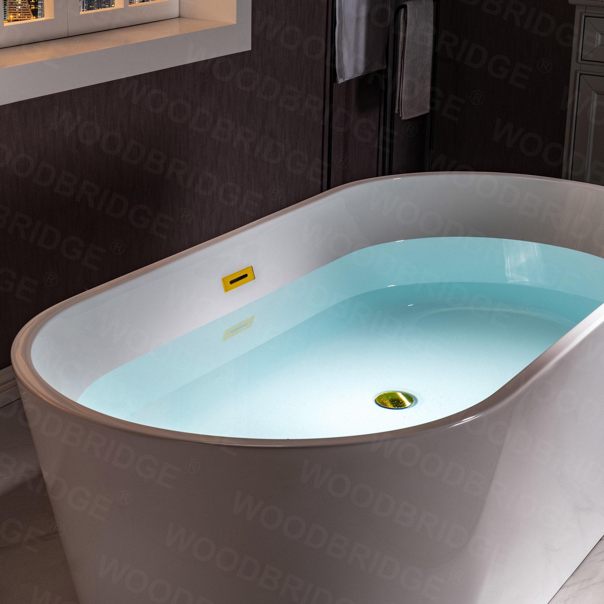 WOODBRIDGE 54" Acrylic Freestanding Bathtub Contemporary Soaking White Tub with Brushed Gold Overflow and Drain,B1702-BG