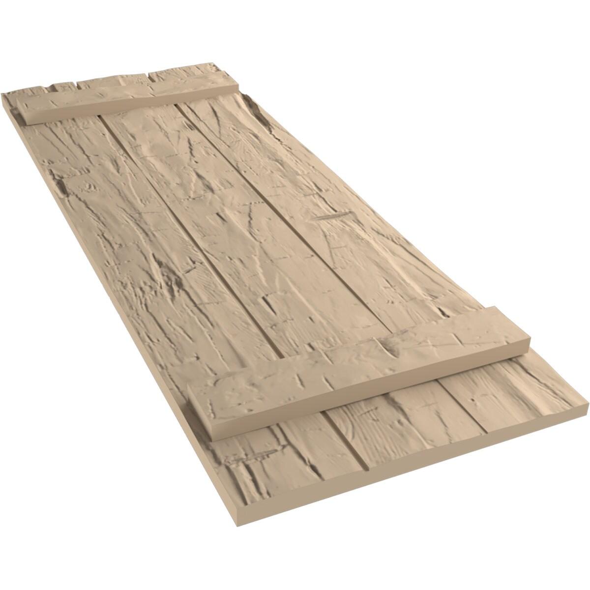 Ekena Millwork 16 1/2"W x 38"H Rustic Three Board Joined Board-n-Batten Hand Hewn Faux Wood Shutters (Per Pair), Primed Tan