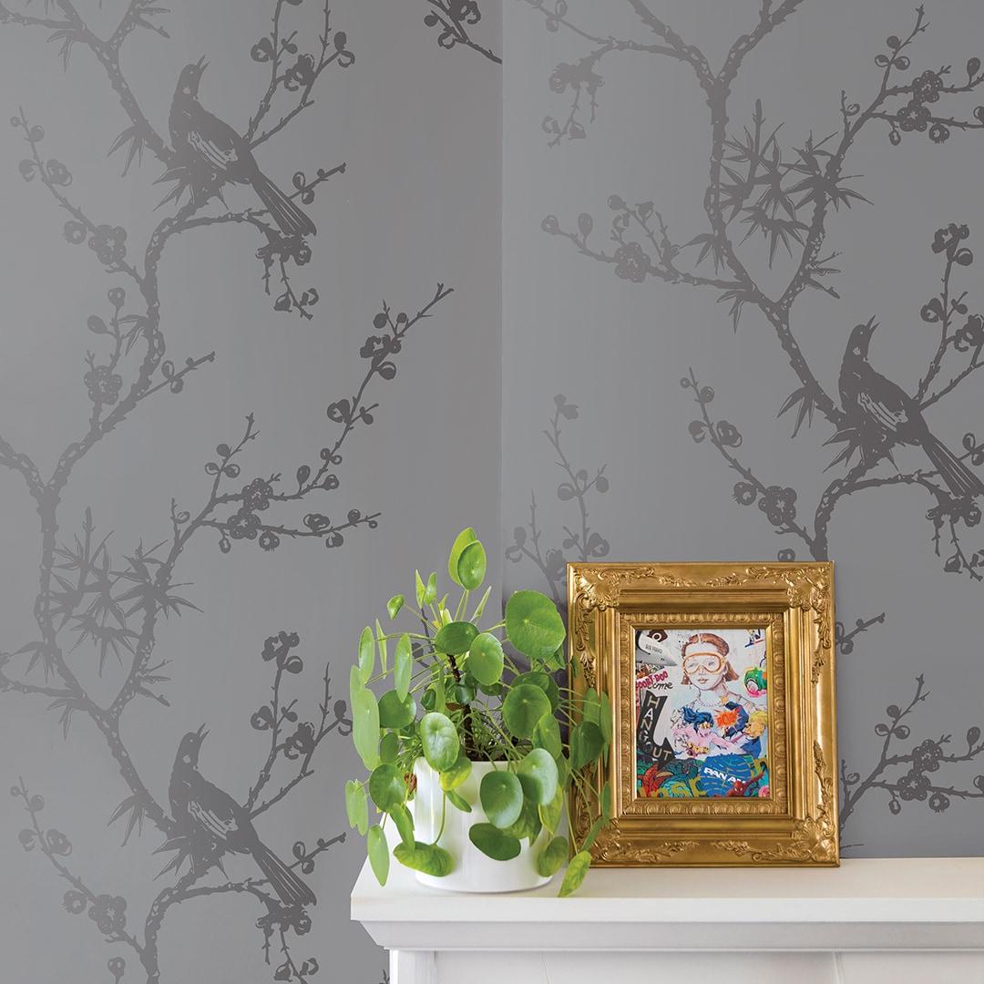 Tempaper & Co.® x Cynthia Rowley Bird Watching Removable Peel and Stick Wallpaper, Dove Gray, 56 sq ft: Vinyl, Self-Adhesive, Botanical