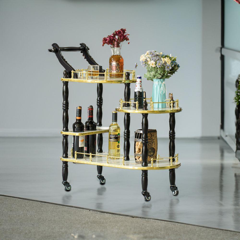 Wood Serving Bar Cart Tea Trolley with 3 Tier Shelves and Rolling Wheels