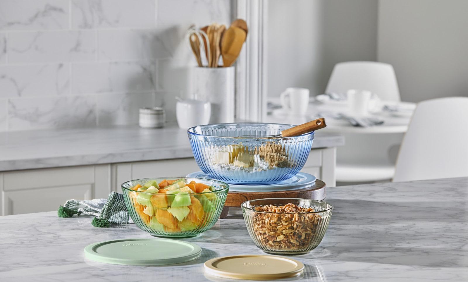 Pyrex® Sculpted Tinted 6pc Lidded Mixing Bowl Set: Glass Bowls with Lids, Dishwasher-Safe, Multicolored