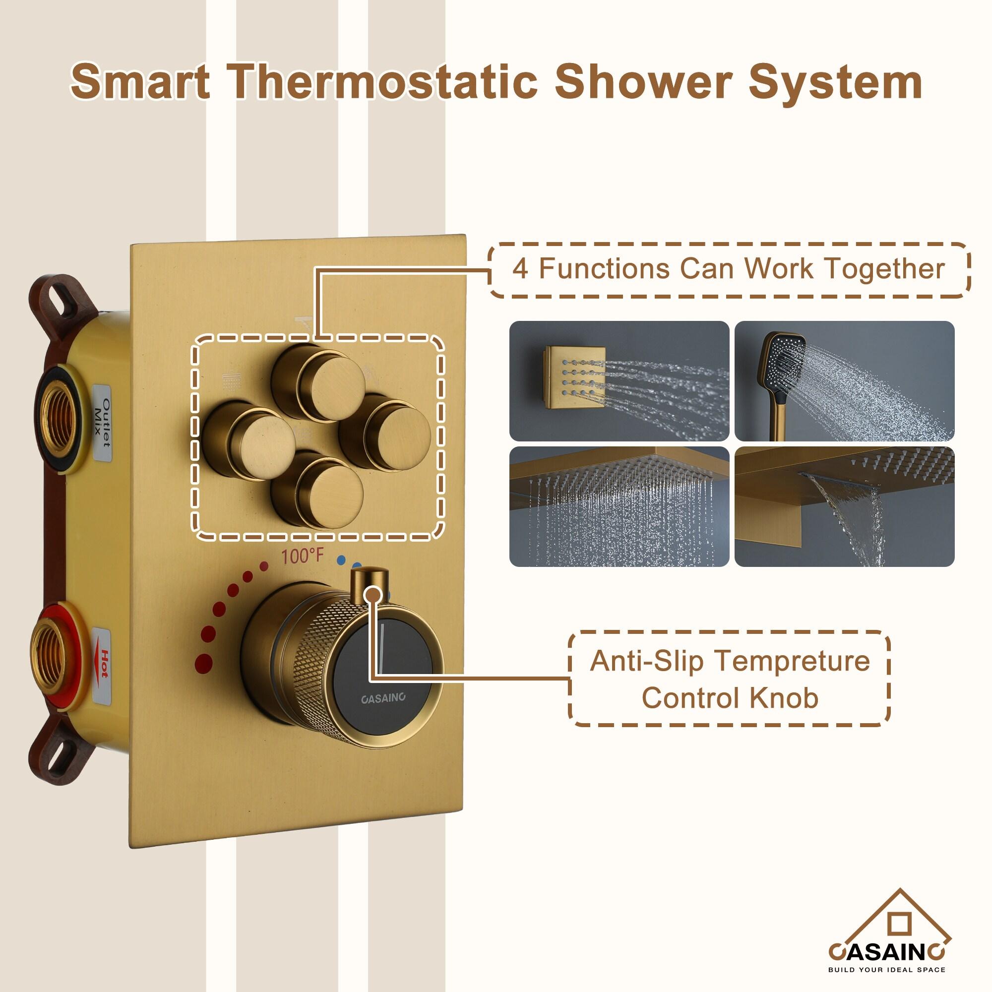 Cascade Bliss 4-Function 20 Inch Wall Mounted Rectangular Rainfall Thermostatic Shower System With 6 Body Jets