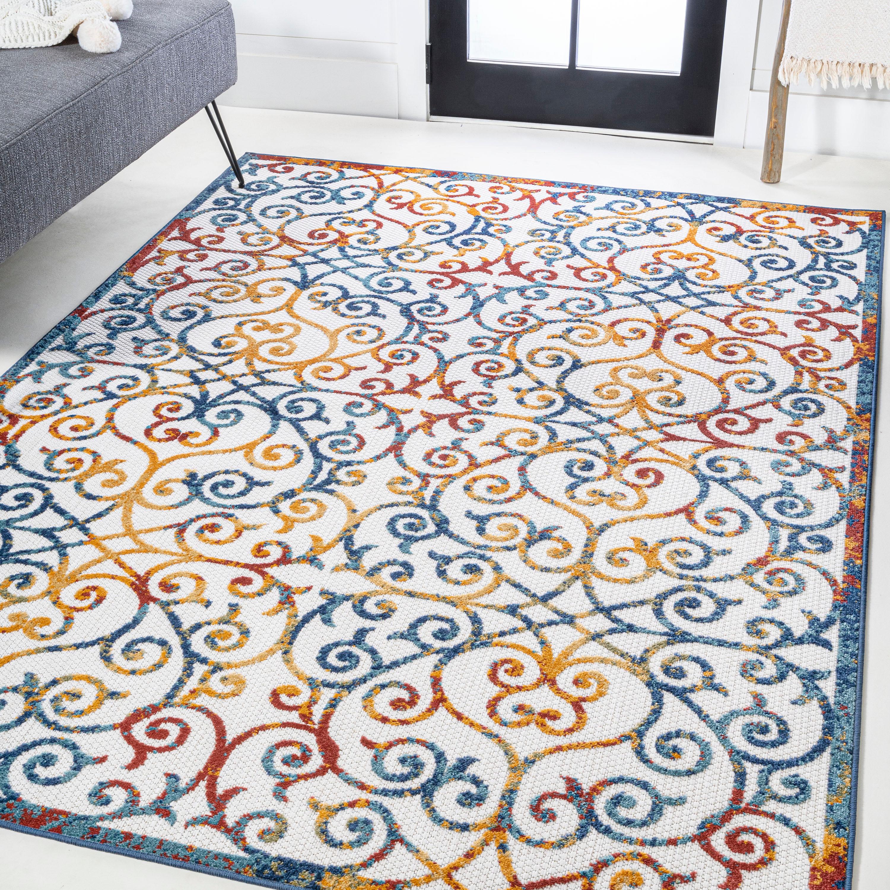 3'x5' Atrani Scroll Trellis Indoor/Outdoor Area Rug, Cream/Blue/Red - JONATHAN Y
