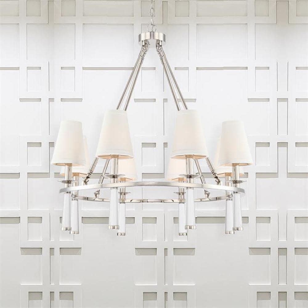 Chic Polished Nickel 8-Light Chandelier with White Silk Drum Shade