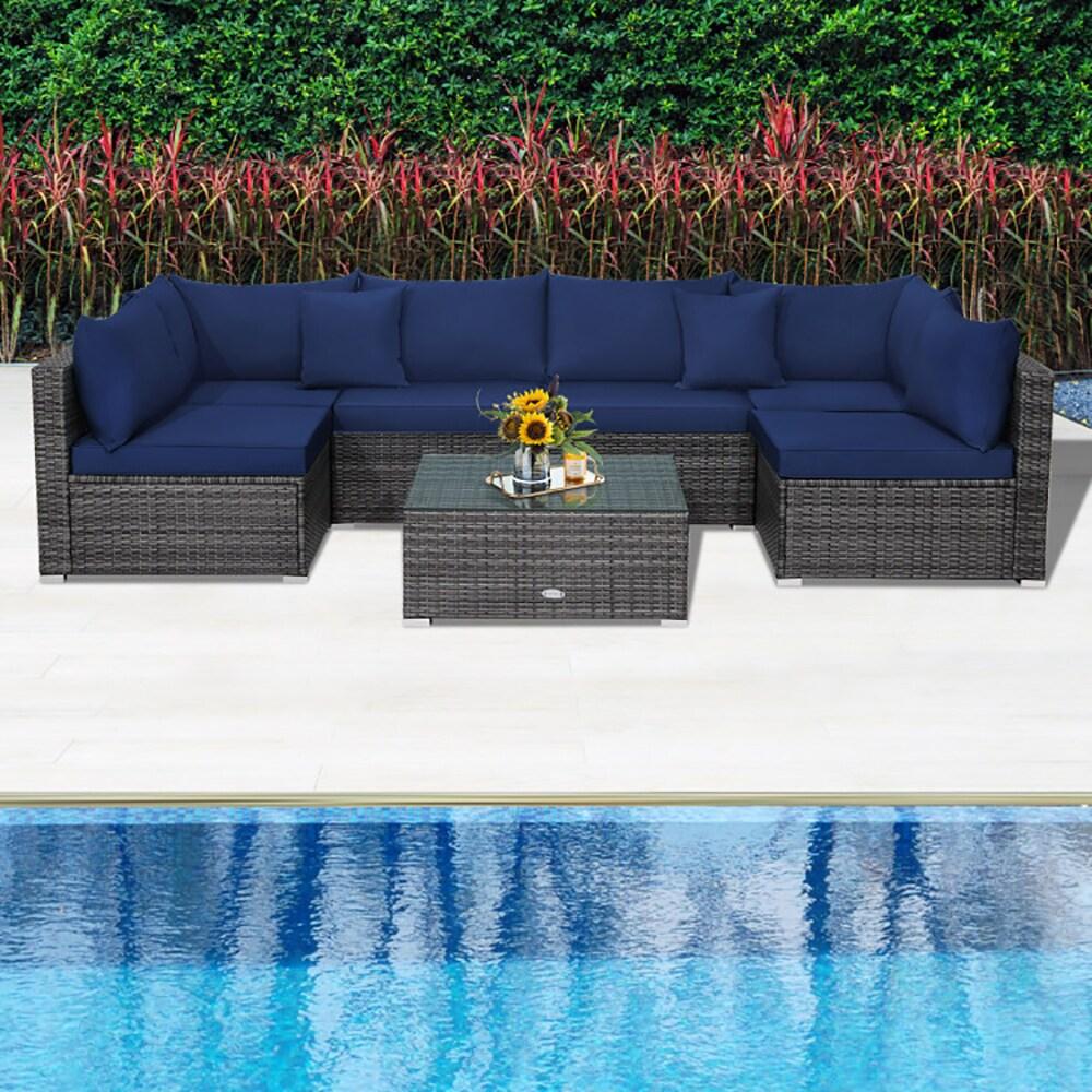 Costway 7PCS Patio Rattan Furniture Set Sectional Sofa Cushioned Garden Navy