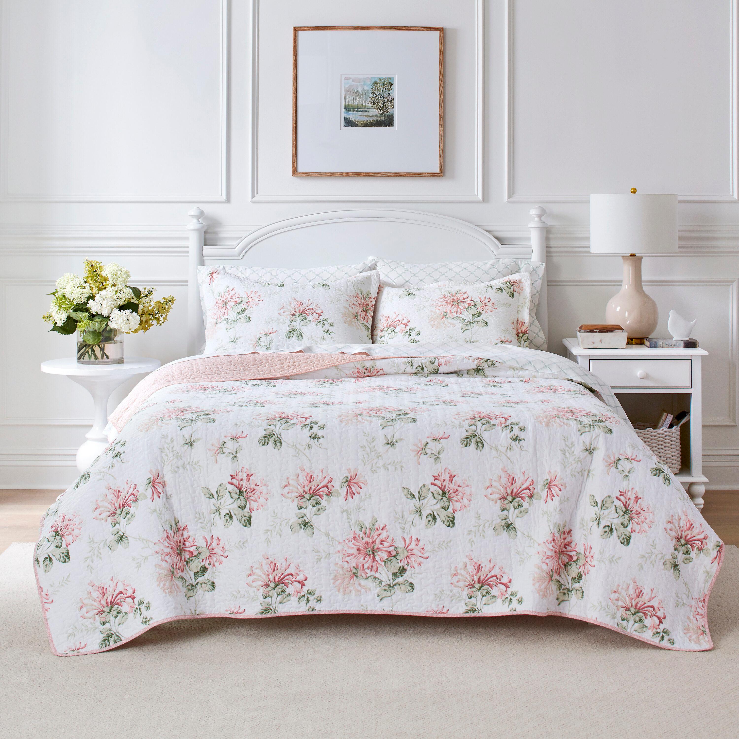 Laura Ashley Laura Ashley Honeysuckle Cotton Reversible Pink Quilt Set
