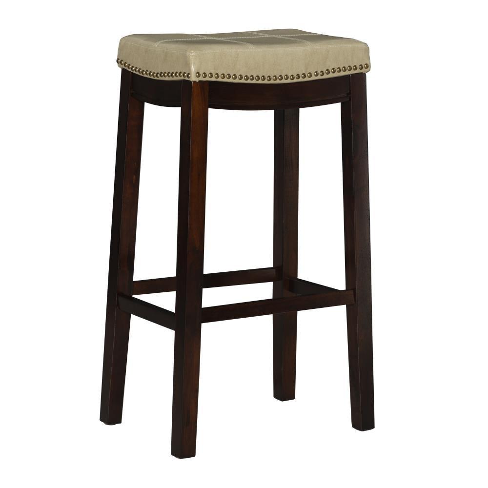 Linon Claridge Backless Faux Leather Nailhead Saddle Barstool Beige : Upholstered, Rubberwood Legs, Fixed Height