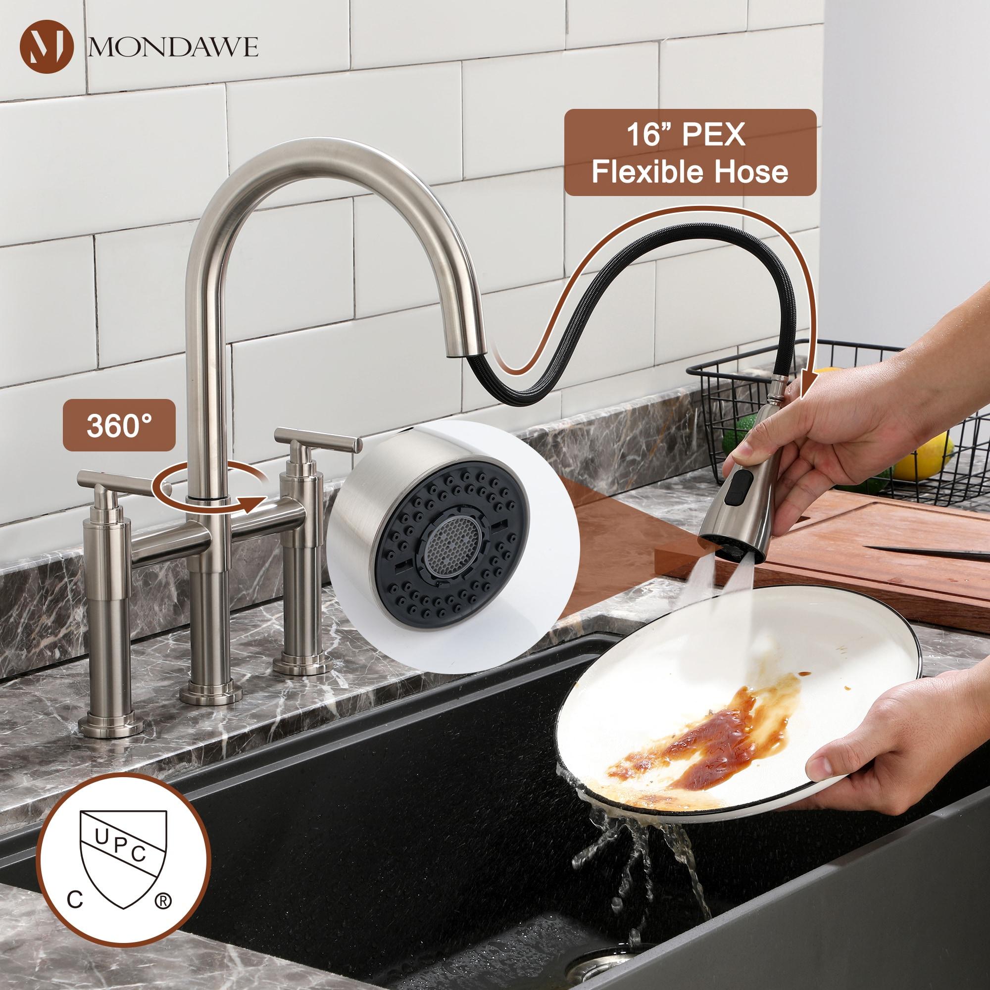 Brushed Nickel Double Handle Bridge Kitchen Faucet with Pull-Out Spray