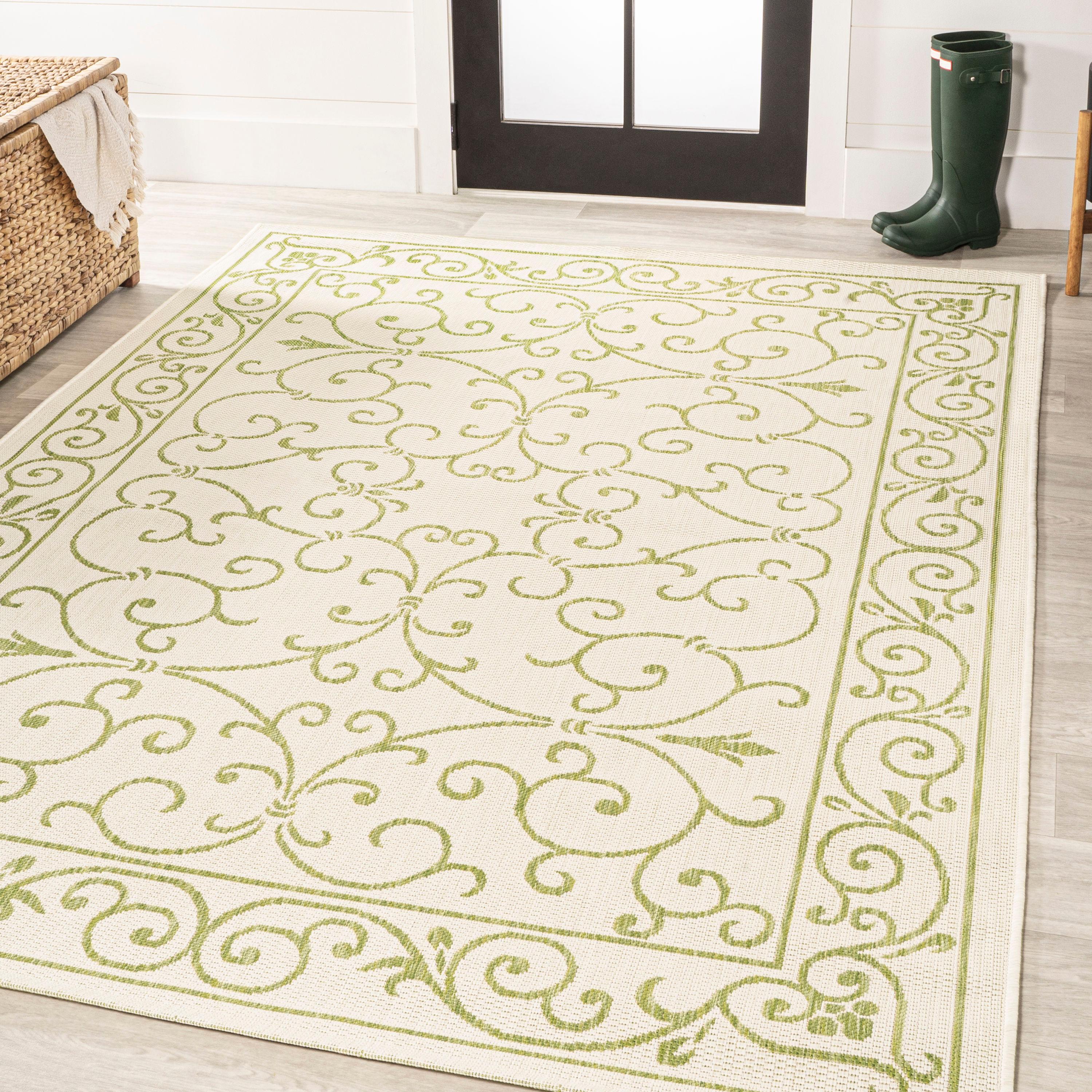 9' x 12' Charleston Vintage Filigree Textured Weave Indoor/Outdoor Area Rug, Cream/Green - JONATHAN Y