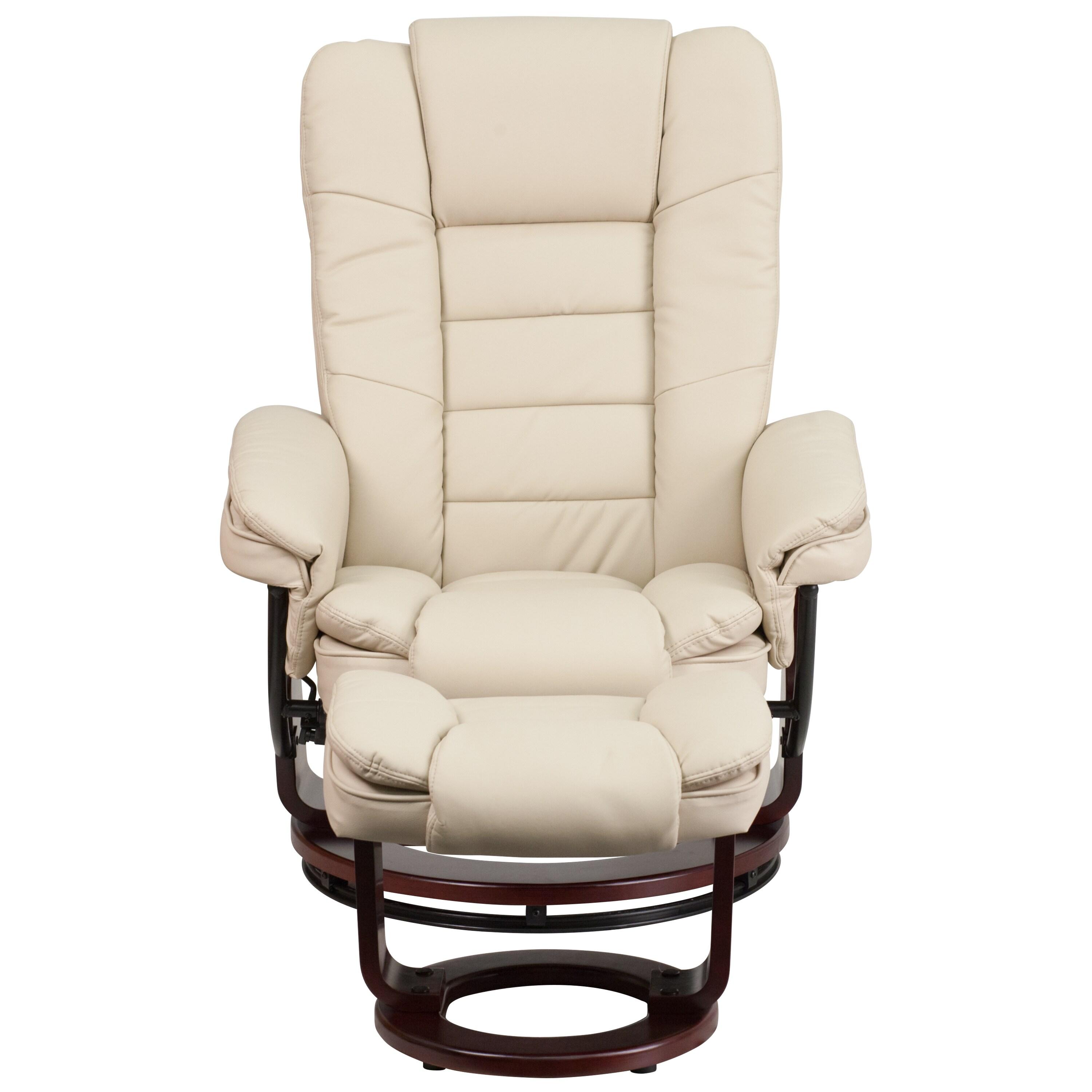 Flash Furniture Bali Contemporary Multi-Position Recliner with Horizontal Stitching and Ottoman with Swivel Mahogany Wood Base in Beige LeatherSoft