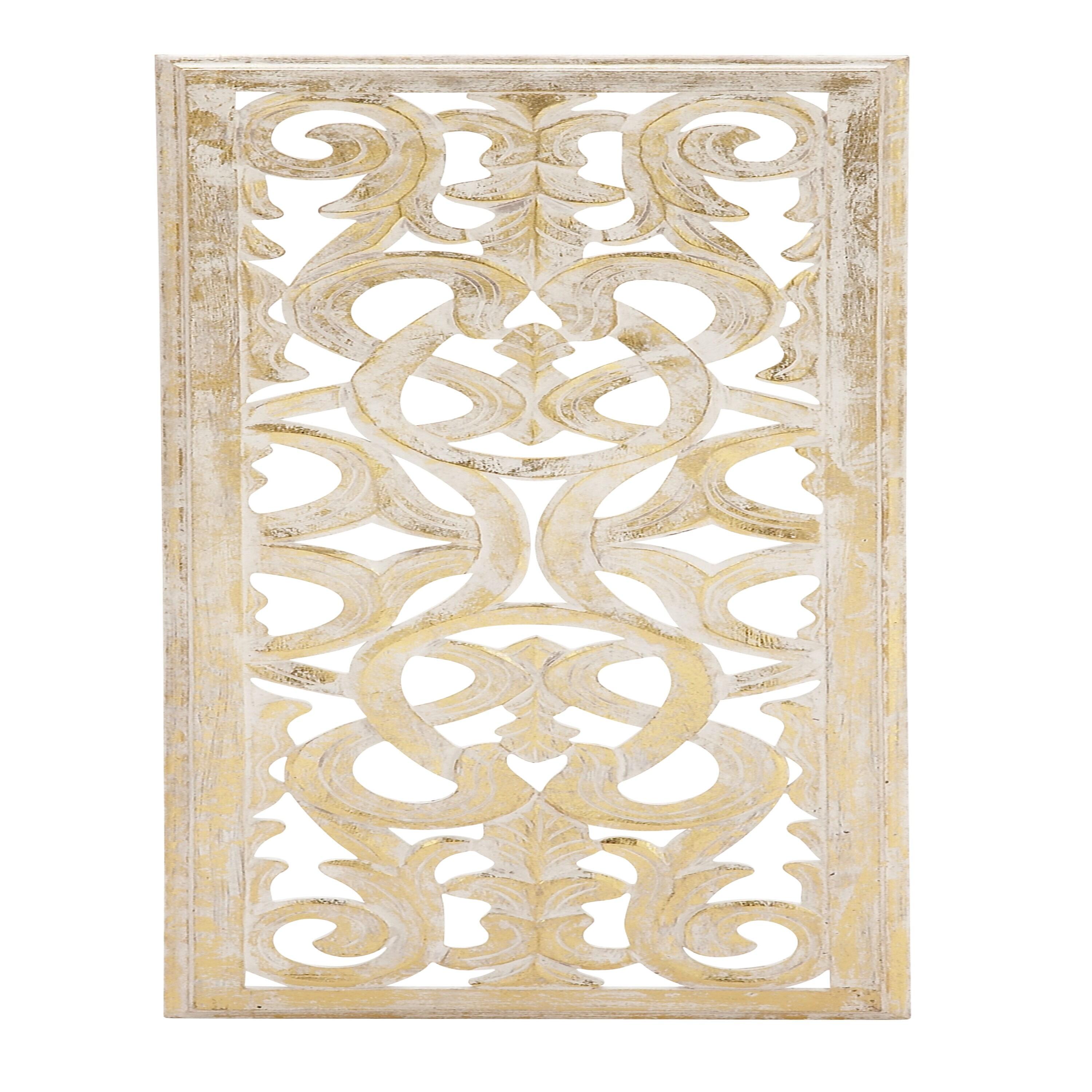 Wooden Handmade Intricately Carved Arabesque Scroll Gold Wall Decor with Cream Backing