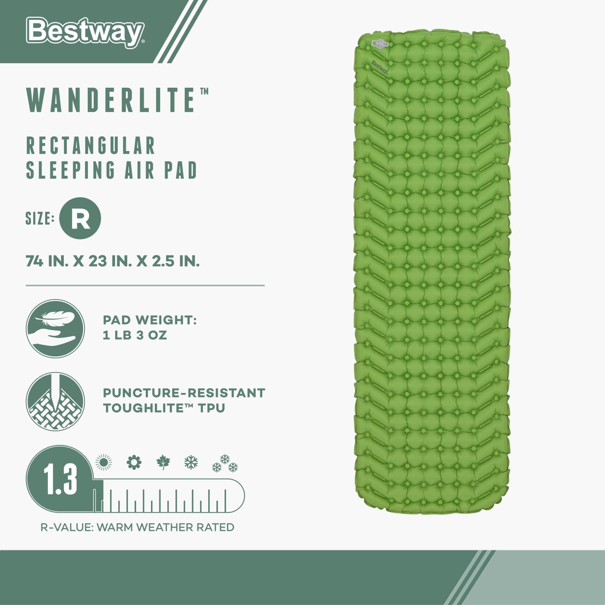 Bestway WanderLite 74 Inch by 23 Inch Regular Rectangular Nylon Fabric Outdoor Sleeping Air Pad with Repair Patch and Storage Bag, Green