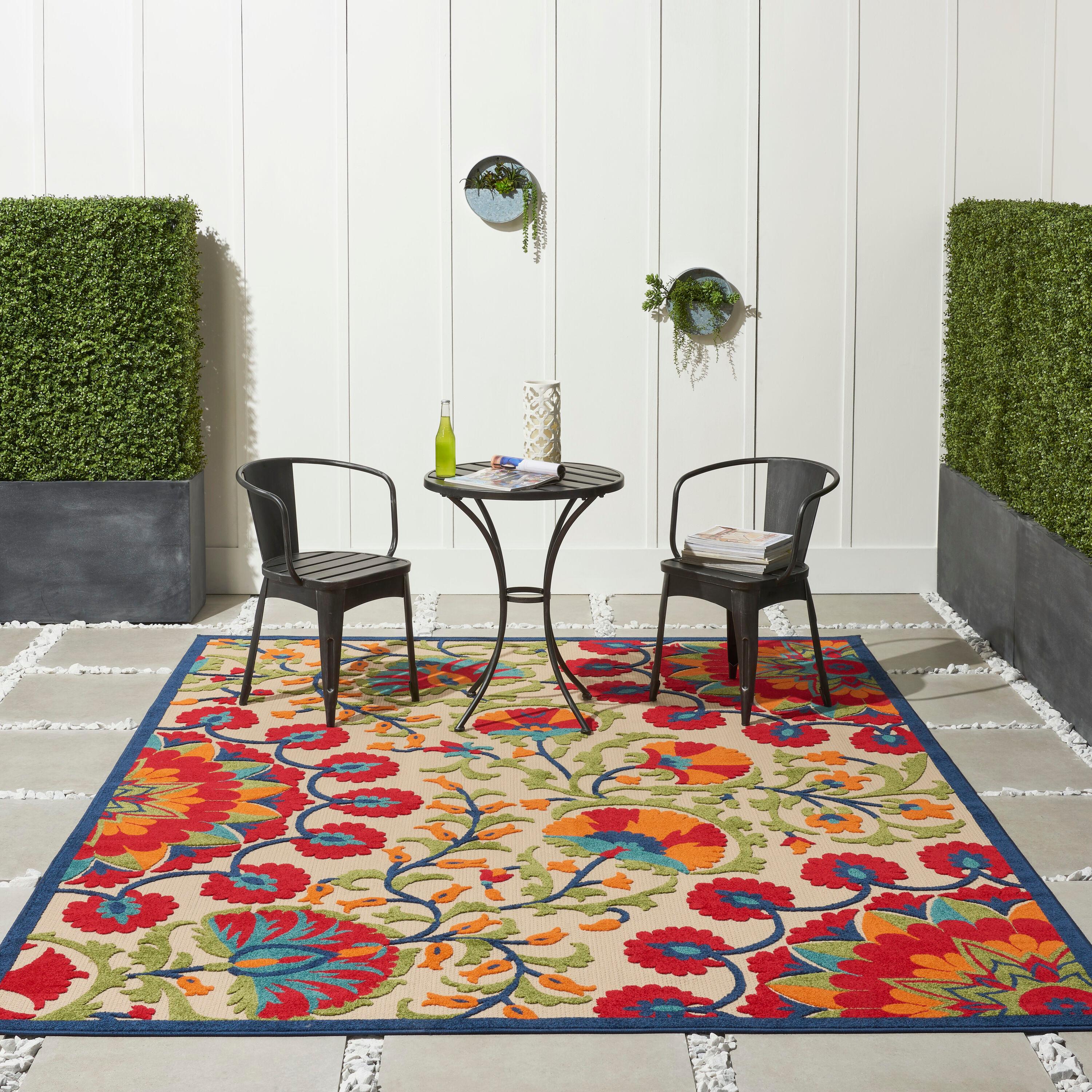 Nourison Aloha Floral Easy Care Flatweave High-Low Indoor Outdoor Area Rug Red/Multi 7' x 10'