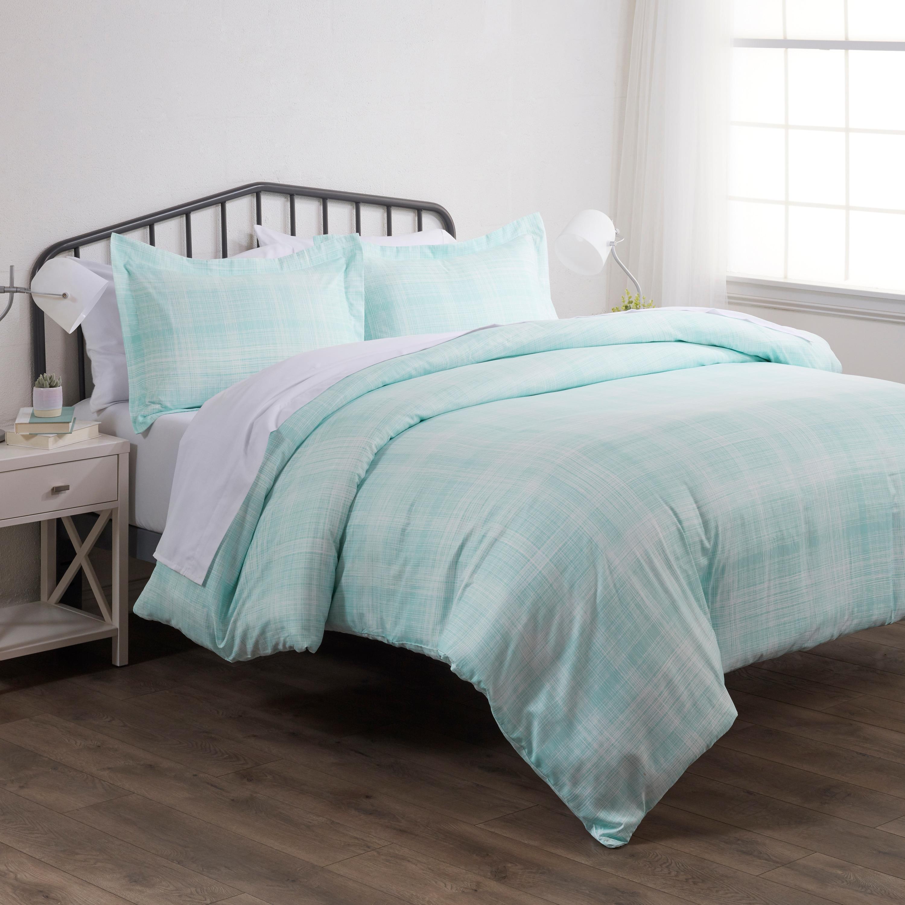 Aqua Plaid Microfiber Full/Queen Duvet Cover Set with Shams