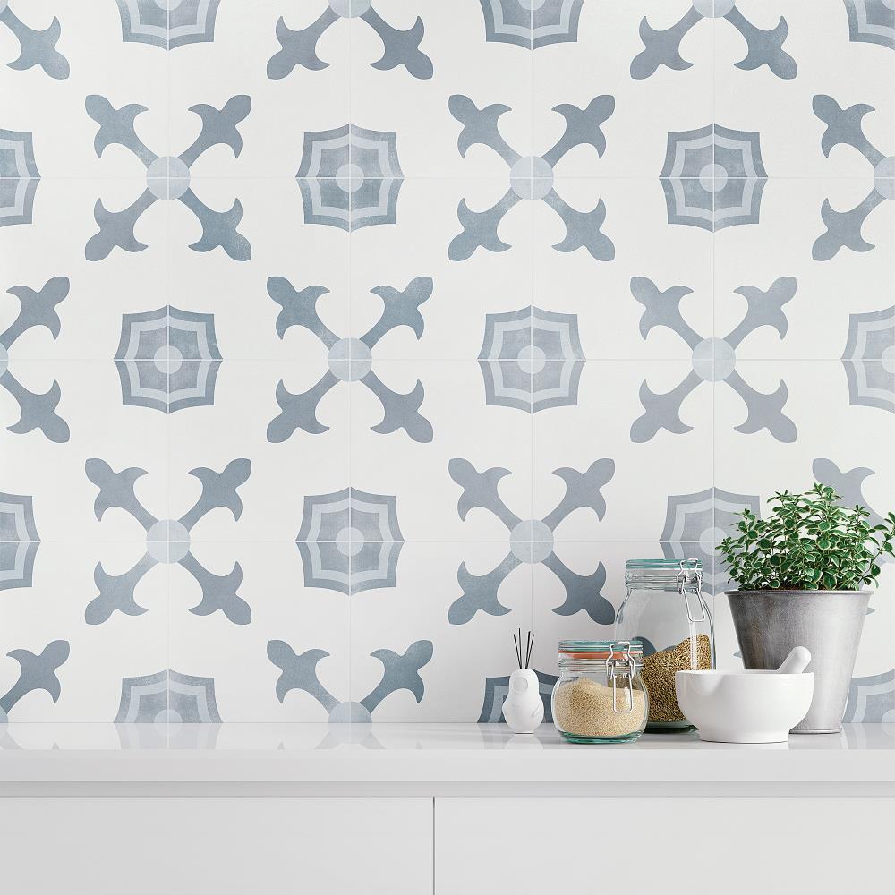 Plumeria Blue and White Square 9 in. x 9 in. Matte Porcelain Floor and Wall Tile (10.65 sq. ft./ Case)