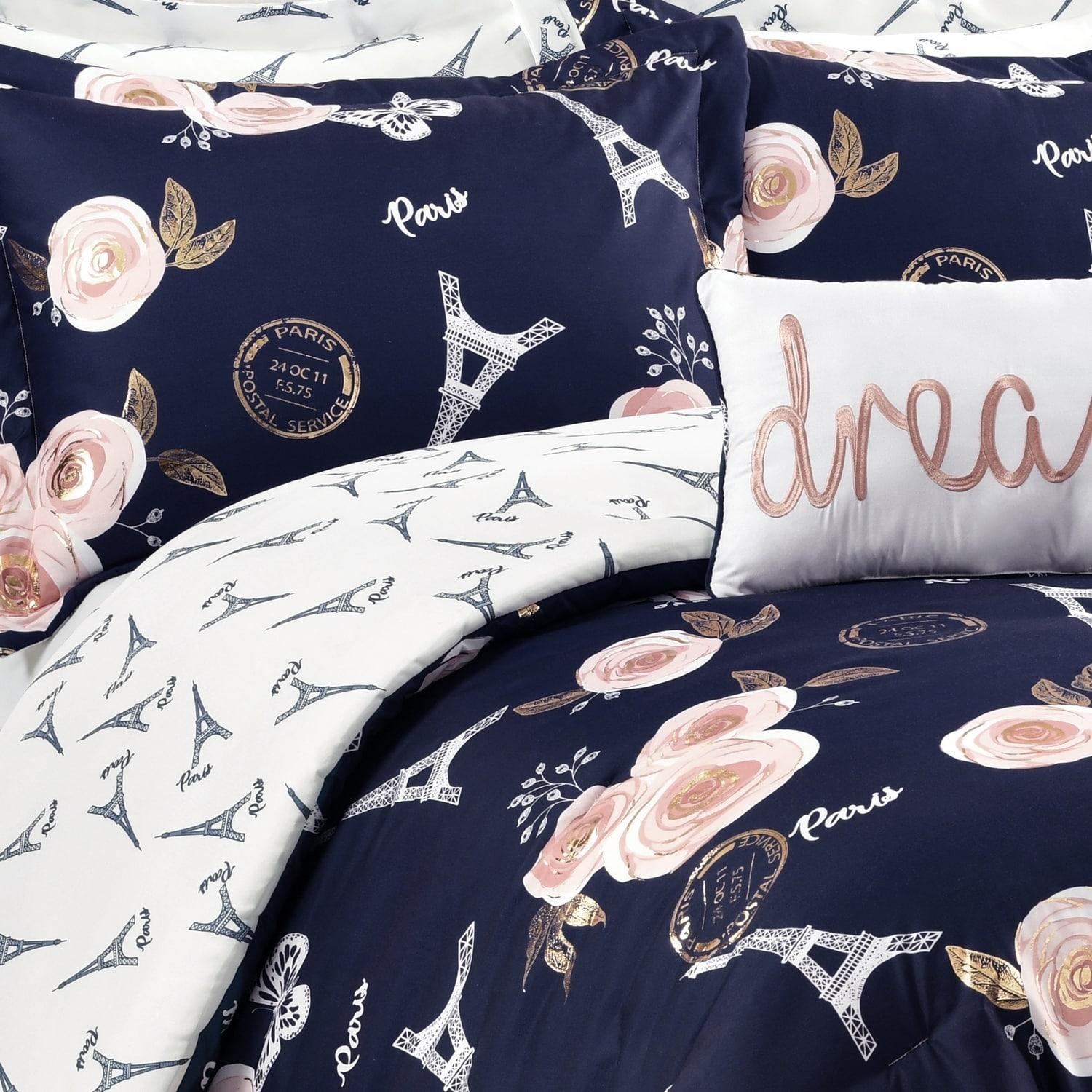 Lush Decor Vintage Paris Rose Butterfly Script Microfiber Reversible 7 Piece Comforter Set