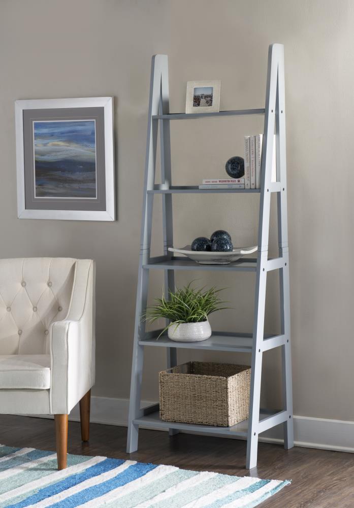 72" Acadia Traditional Ladder Bookshelf Gray - Linon: 5-Tier, Rubberwood Frame, Fixed Shelves