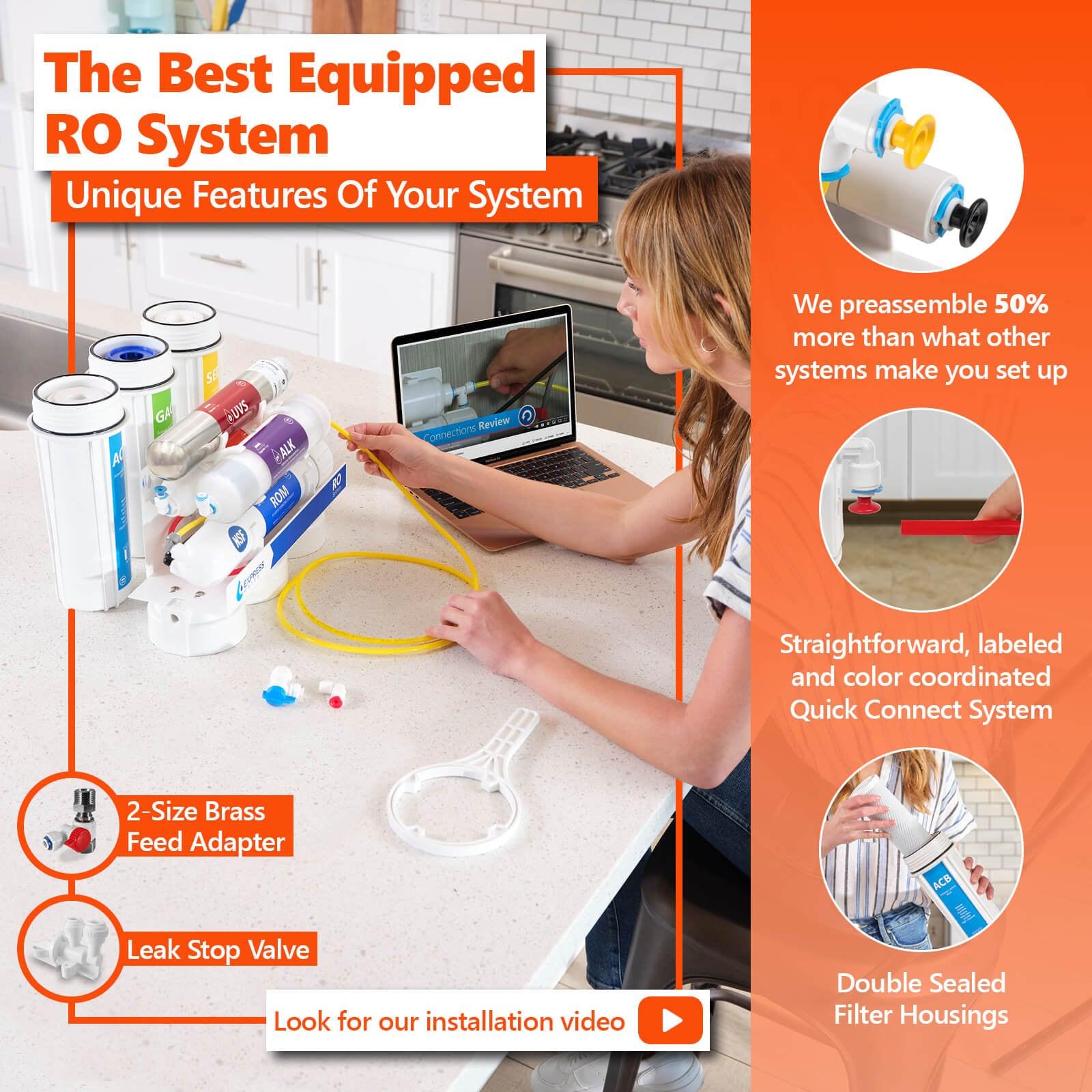 Express Water UV Reverse Osmosis Water Filtration System – 11 Stage UV Water Filter Deluxe Chrome Faucet & Tank – Under Sink Water Filter with Alkaline Filter for added Essential Minerals – 100 GDP