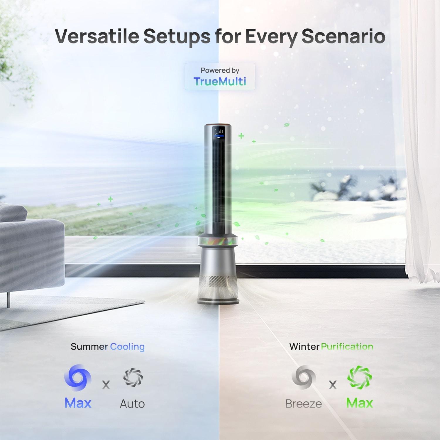 Air Purifier Tower Fan, 45 in. 2-in-1 Smart Fan, 27ft/s Velocity, 120°Oscillation, 24 H Timer, 25dB Low Noise, Silver