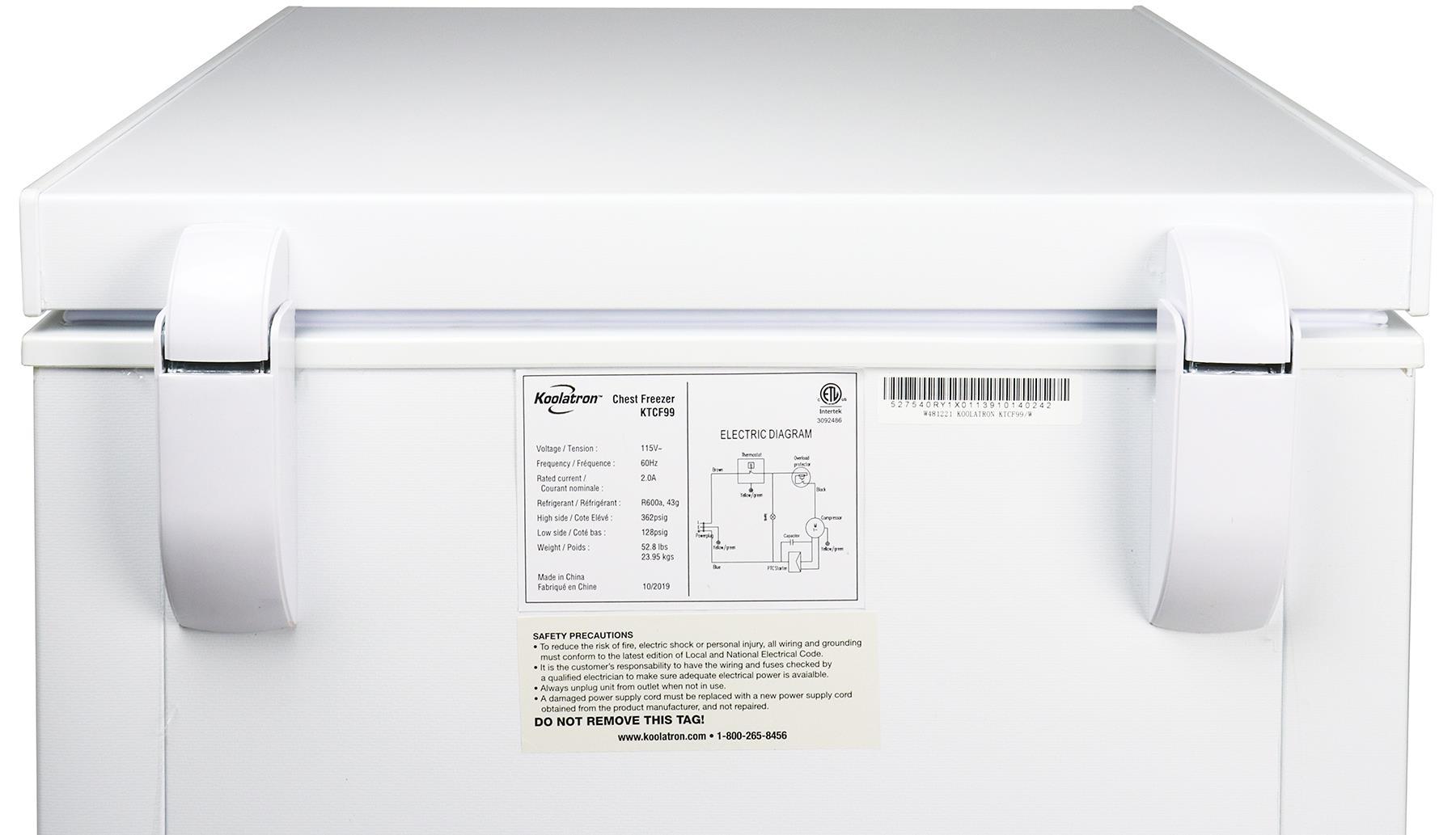 Koolatron 3.5 cu ft Compact Chest Freezer 99L White Manual Defrost Deep Freeze Storage Basket Space-Saving Flat Back