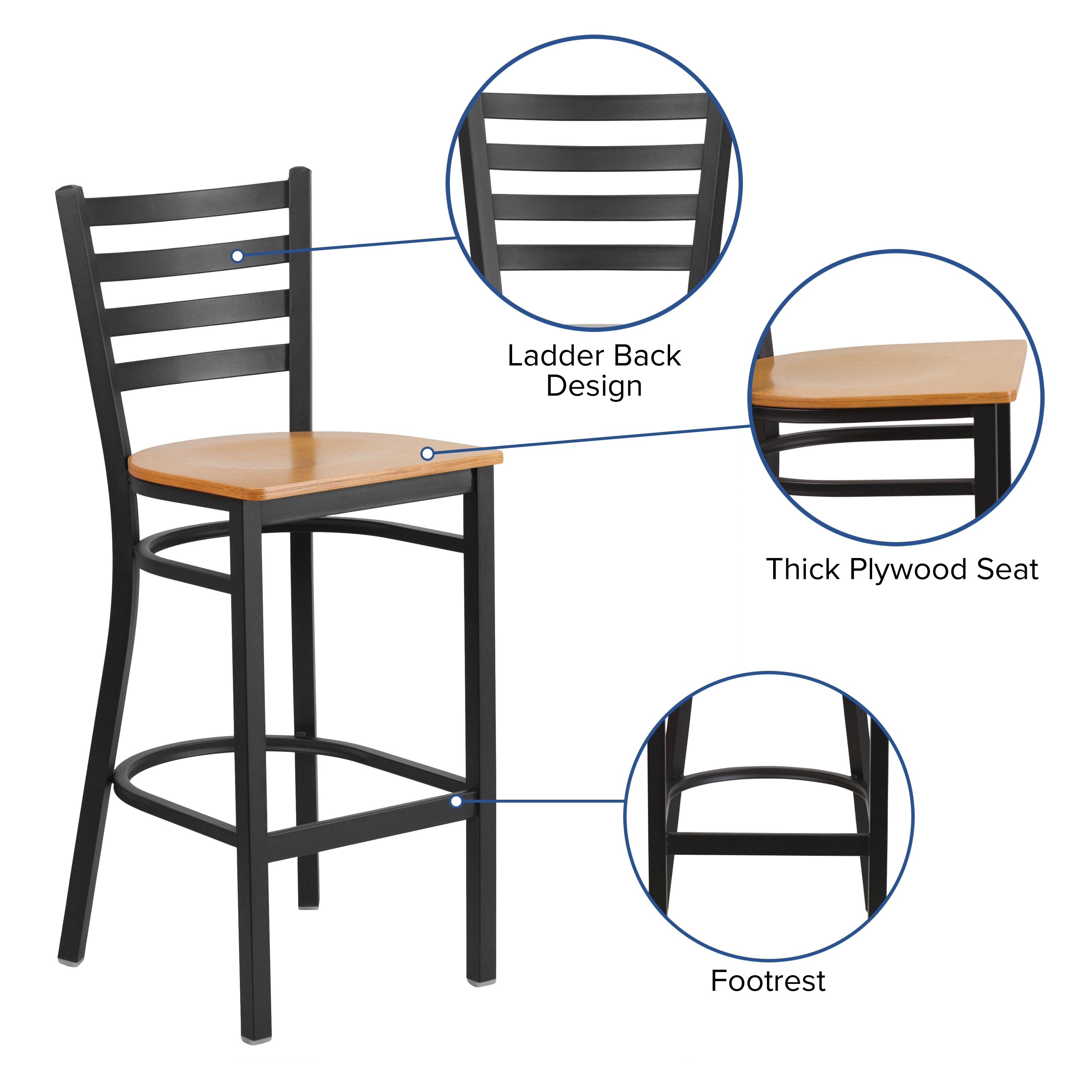 Flash Furniture HERCULES Series Black Ladder Back Metal Restaurant Barstool - Natural Wood Seat