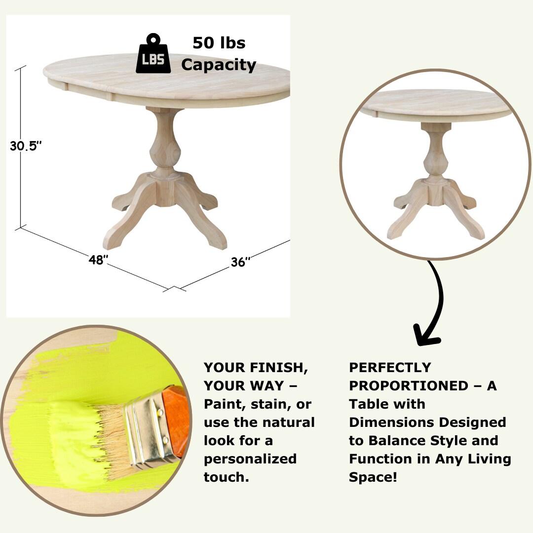 36" Kent Round Top Pedestal Dining Table with 12" Leaf Unfinished - International Concepts: Solid Wood, Expandable