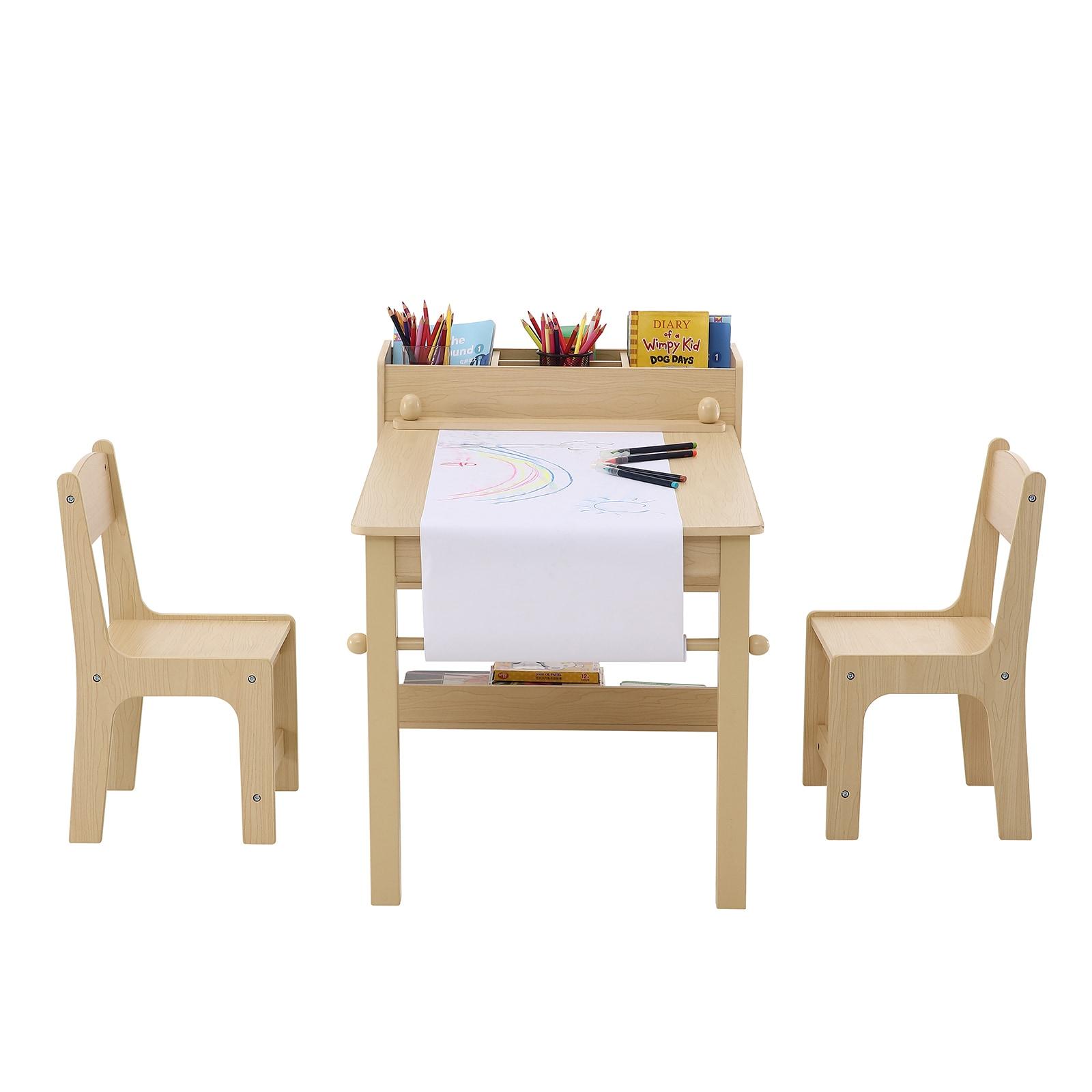 VEVOR Kids Art Table and 2 Chairs, 2-in-1 Toddler Craft and Play Activity Table, Wood Toddler Table and Chair Set with A Cabinet for Art, Craft, Reading, Learning