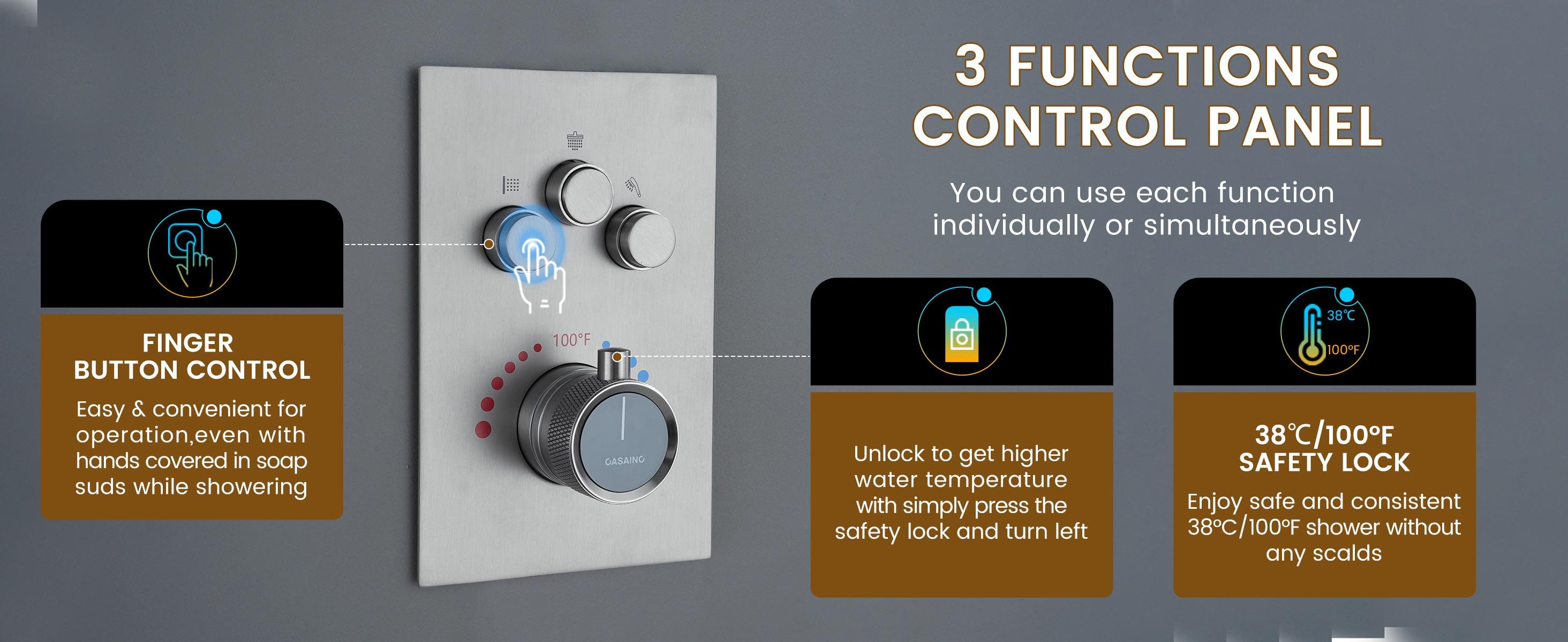 Rainfall Symphony 12inch 3-Function Dual Shower Head Thermostatic Shower System with 3 Sprays Handheld