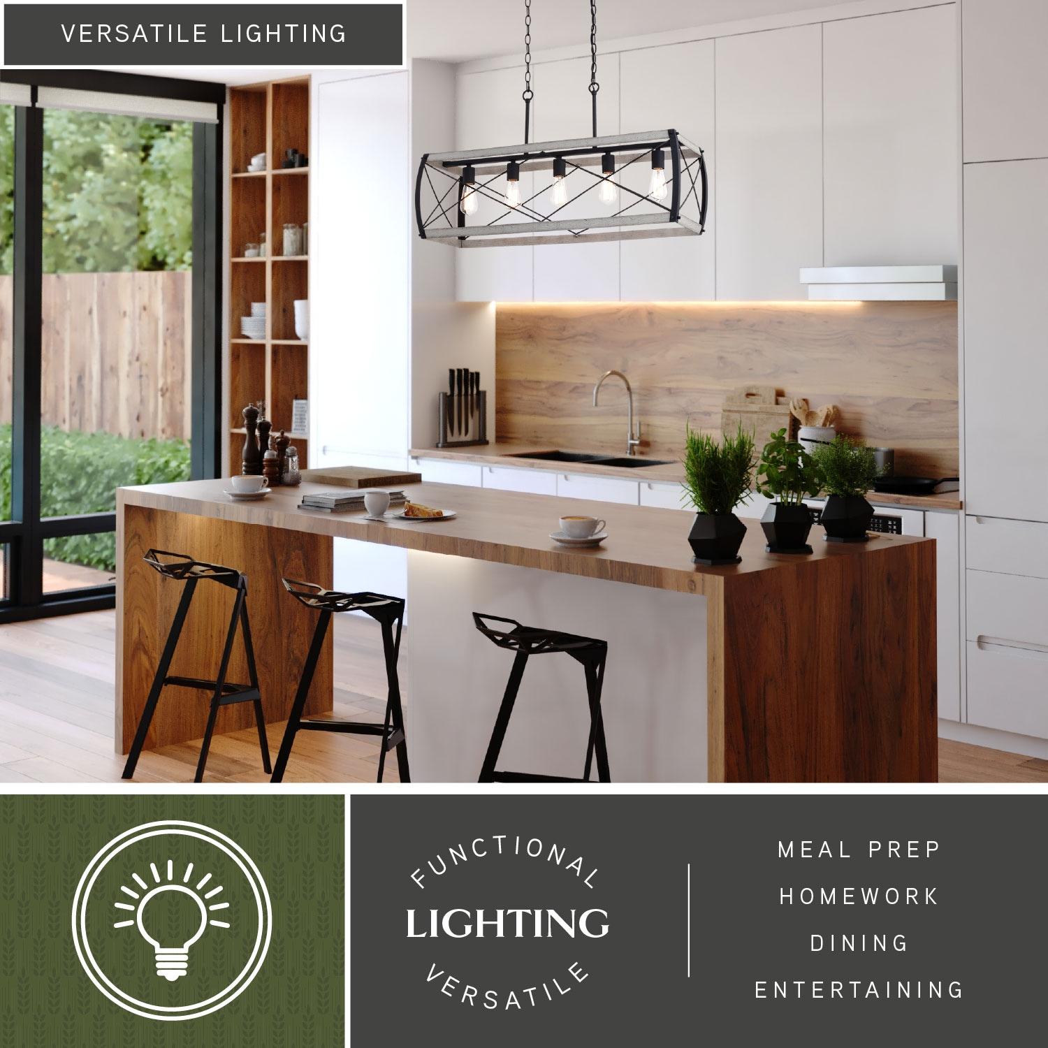 VAXCEL Montclare 5L Black and White Ash Wood Farmhouse Cage Linear Chandelier Island Pendant Light Fixture