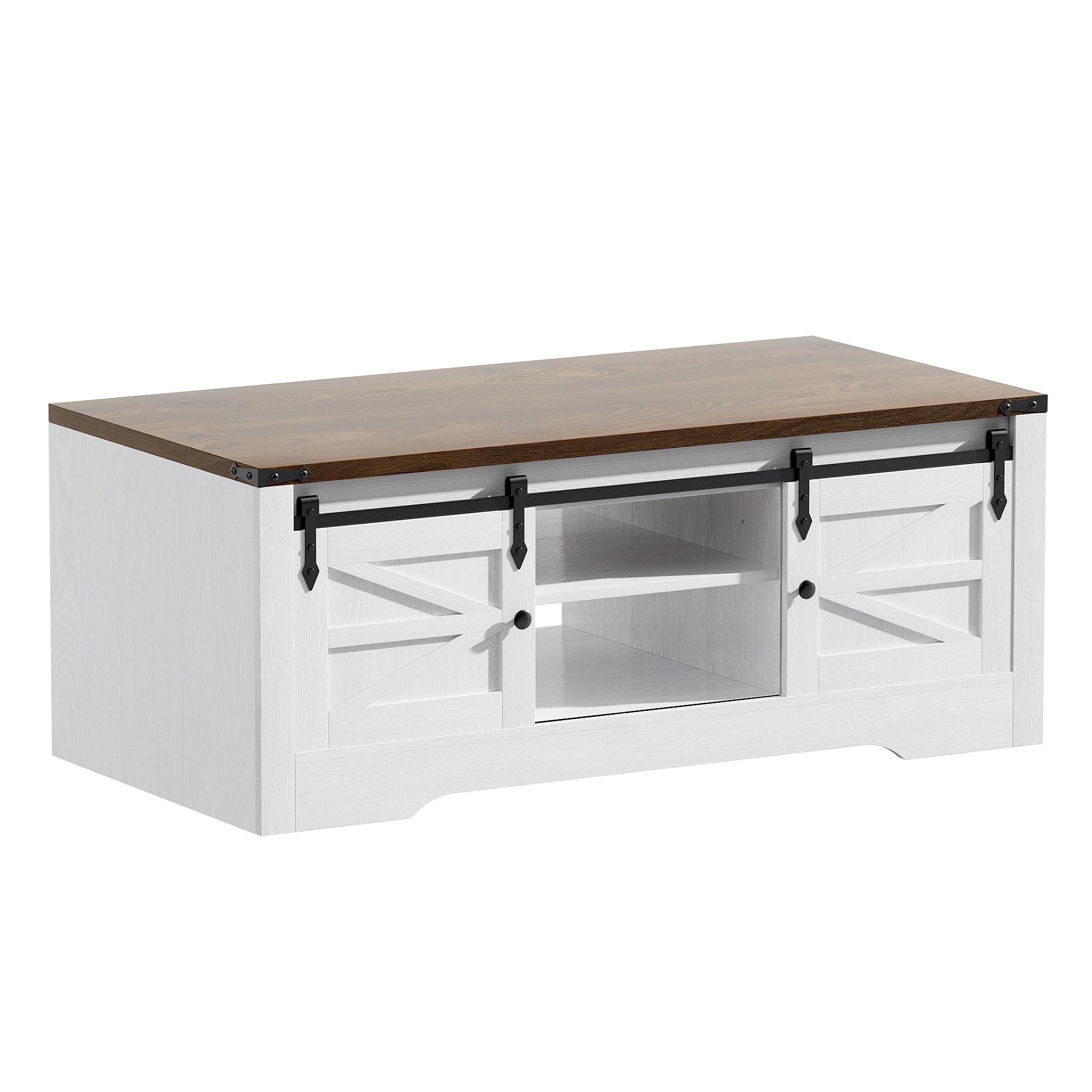 OKD 48" Farmhouse Lift Top Coffee Table with Sliding Barn Door & Adjustable Shelf, Antique White
