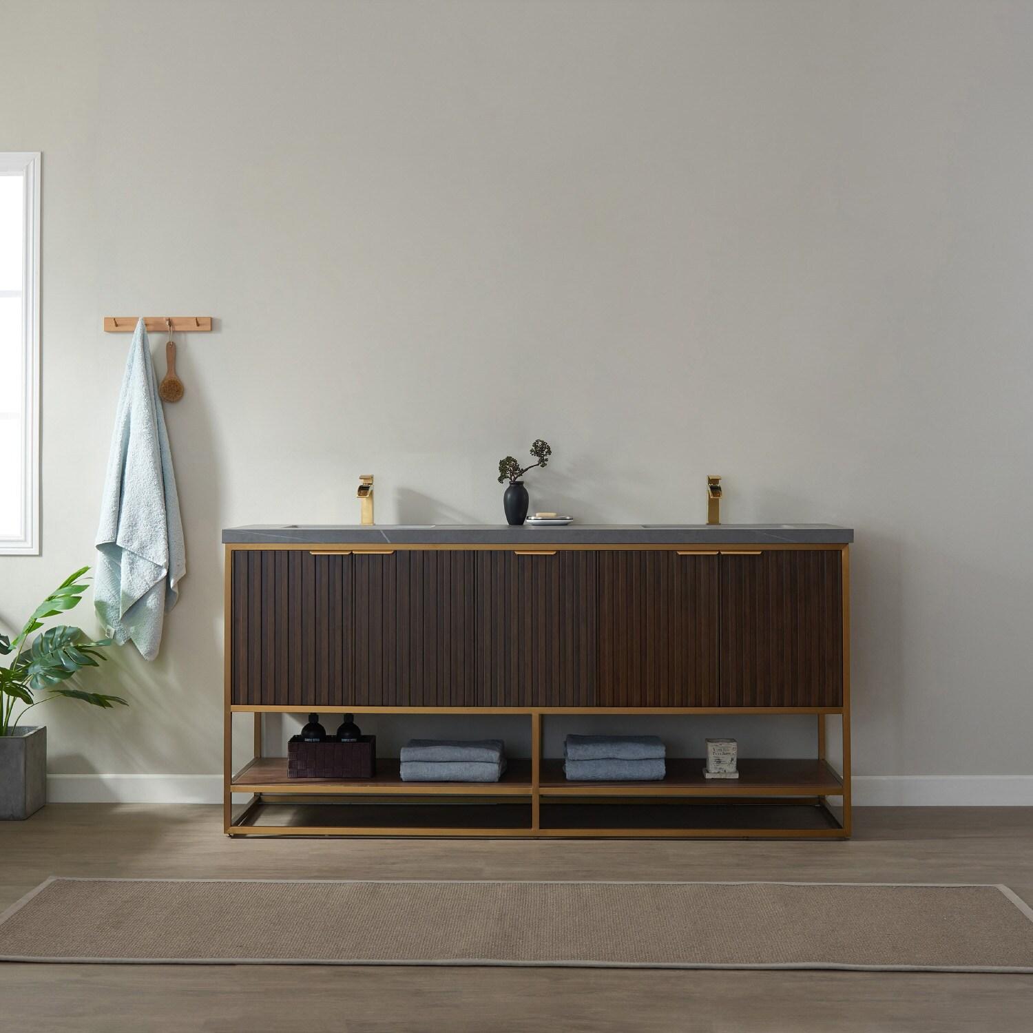 Vinnova Donostia 72" Gray Stone Top Double Vanity in Walnut No Mirror