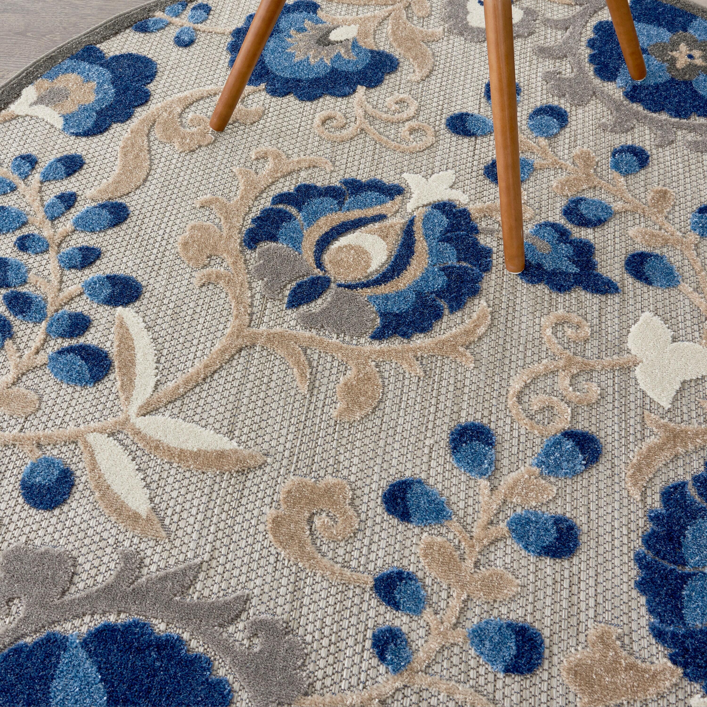 Nourison Aloha Floral Textured Flatweave High-Low Indoor Outdoor Round Rug Natural/Blue 5'3" x 5'3"