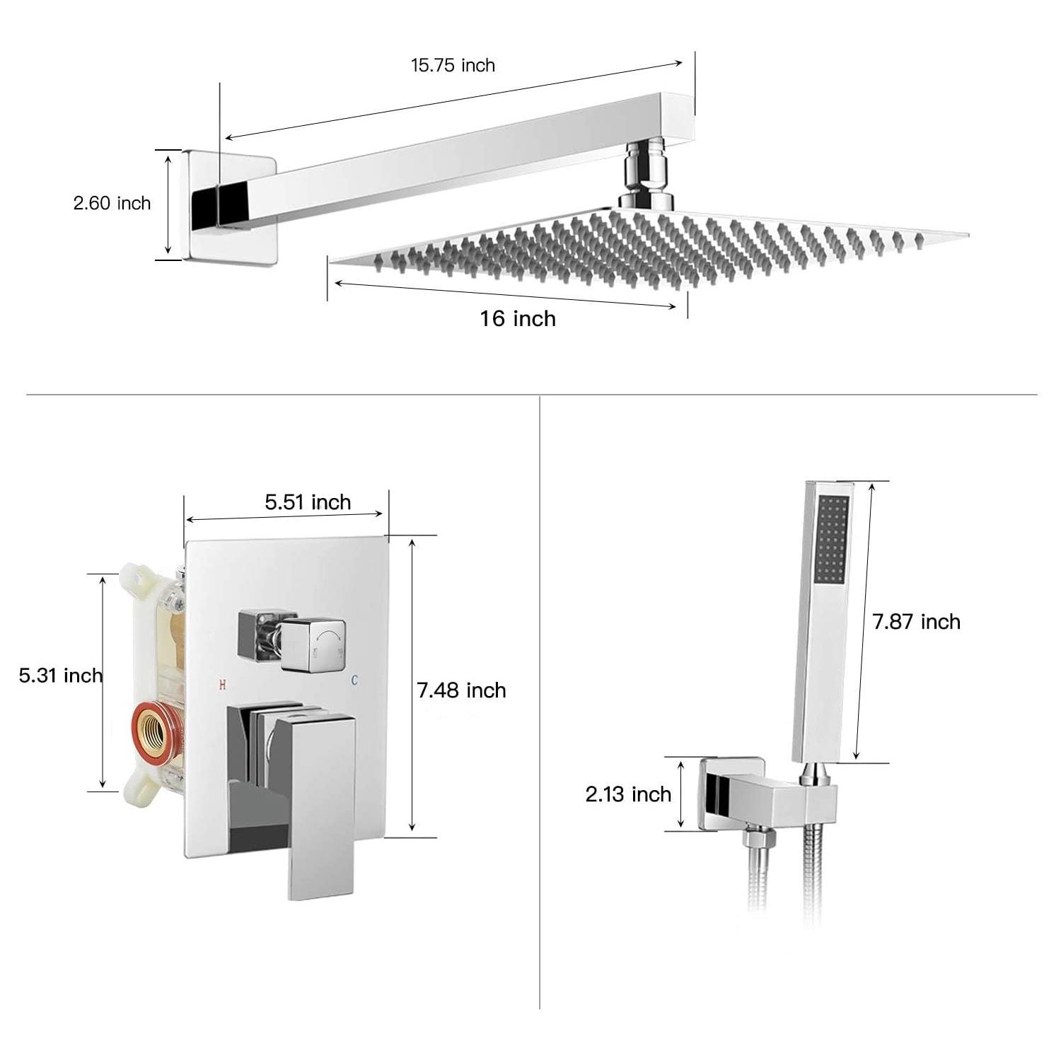 Single Handle 2-Spray Square High Pressure Shower Faucet with 16" Shower Head