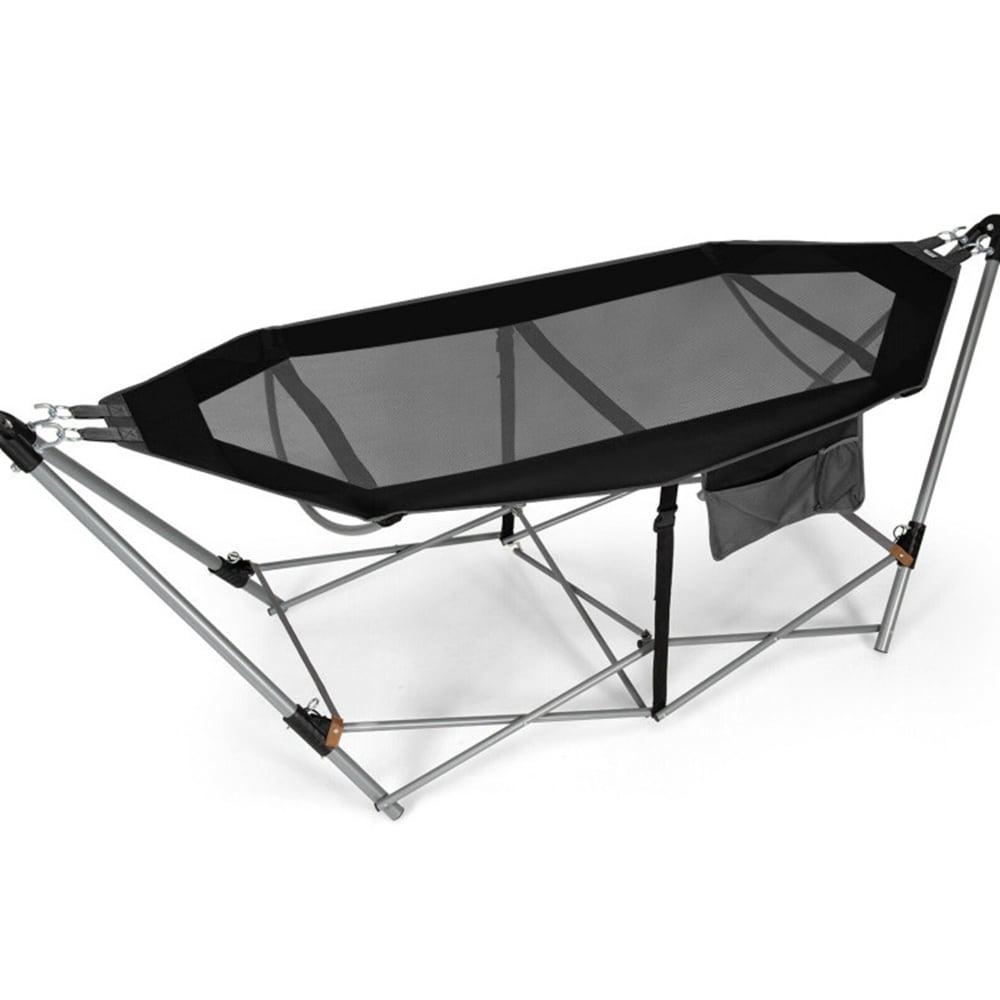 Costway Folding Hammock Indoor & Outdoor Hammock with Side Pocket & Iron Stand Black