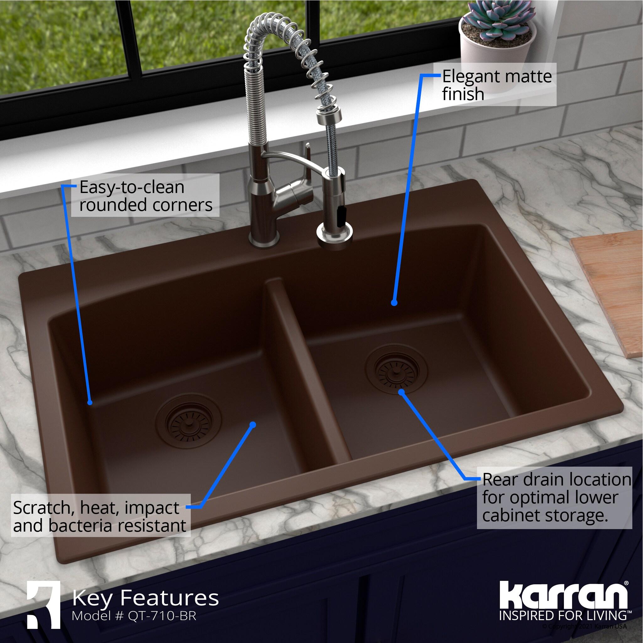 Karran QT-710-BR Brown Quartz Composite Rectangular Double Bowl Sink