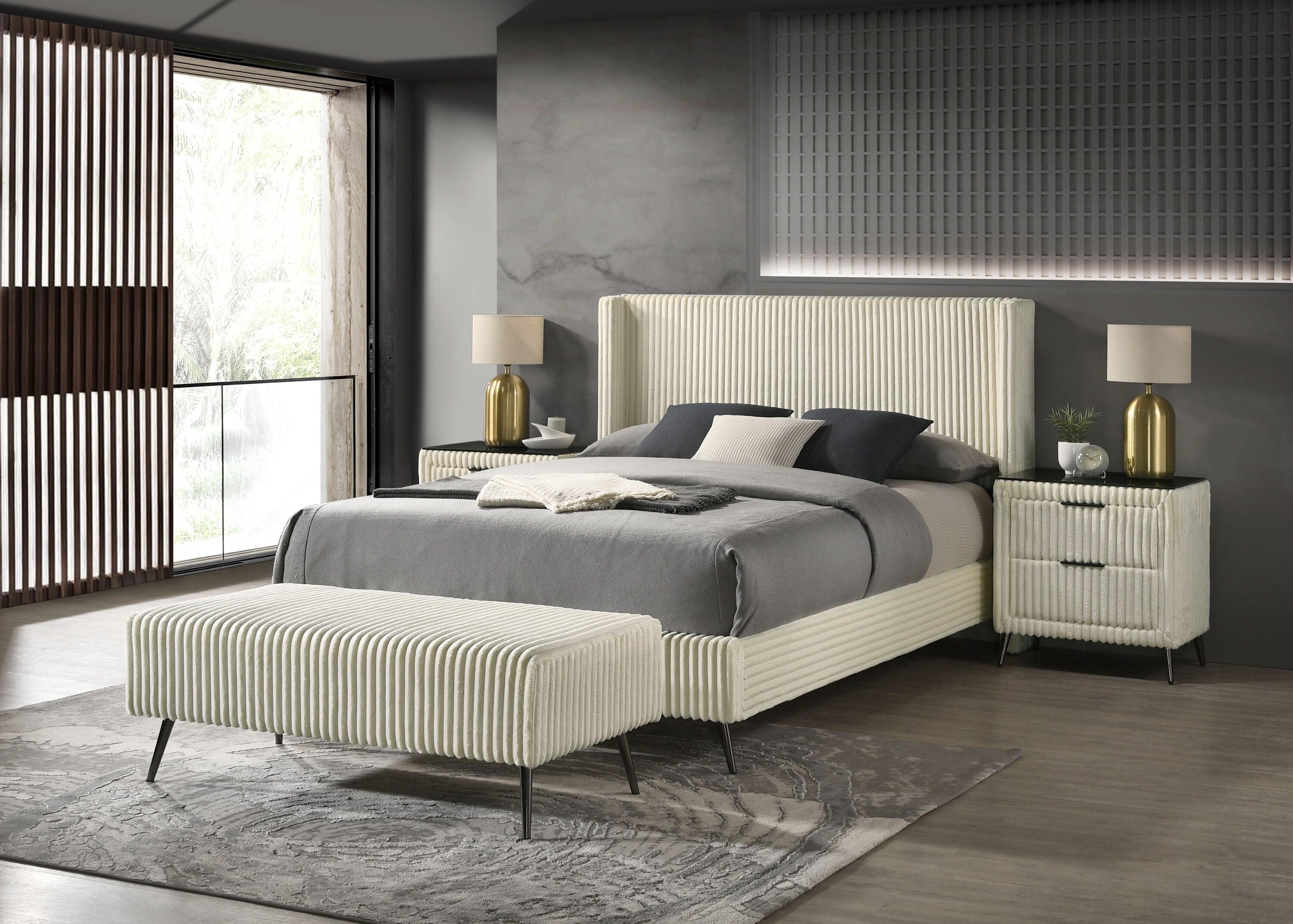 Roundhill Furniture Mavela Wide-wale Corduroy Upholstery Panel Bed with 2 Nightstands and Bench Cream Queen