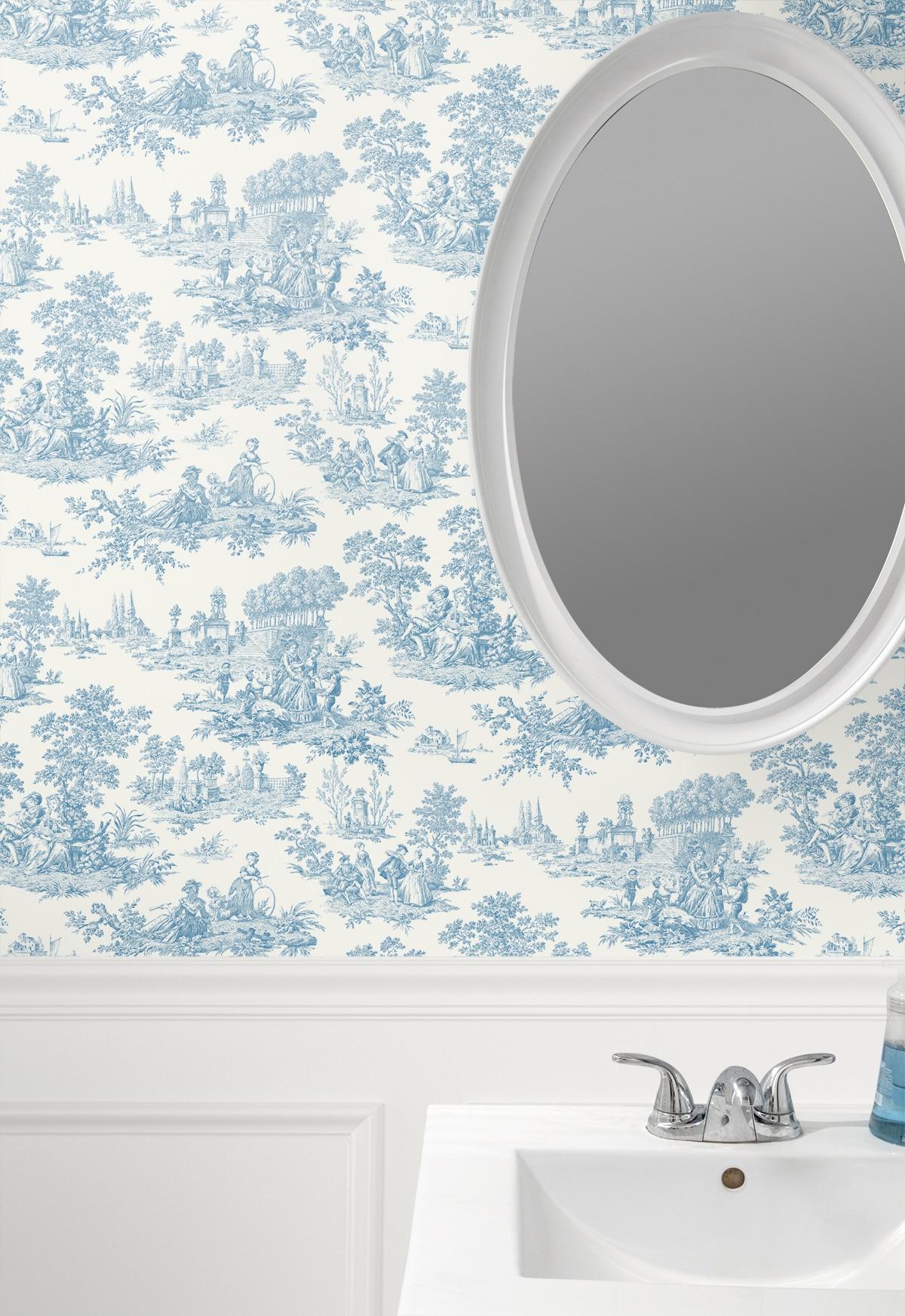 NextWall Chateau Toile Peel and Stick Wallpaper Blue: Removable Vinyl, Self-Adhesive, Traditional Toile Design, 30.75 Sq Ft Coverage