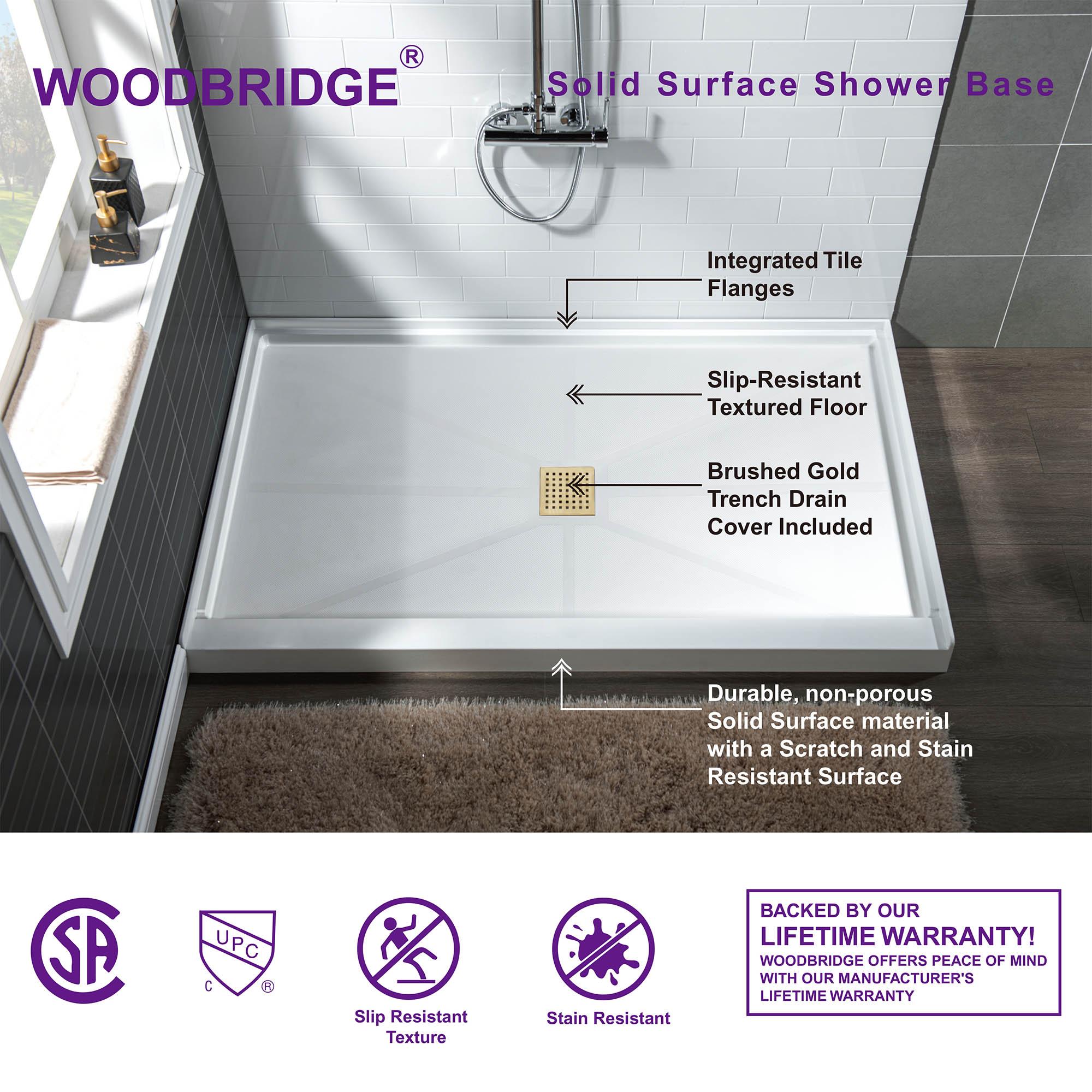 48" W x 36" Solid Surface Single Threshold Shower Pan Base with Drain Assembly & Drain Cover Included, Non-Slip